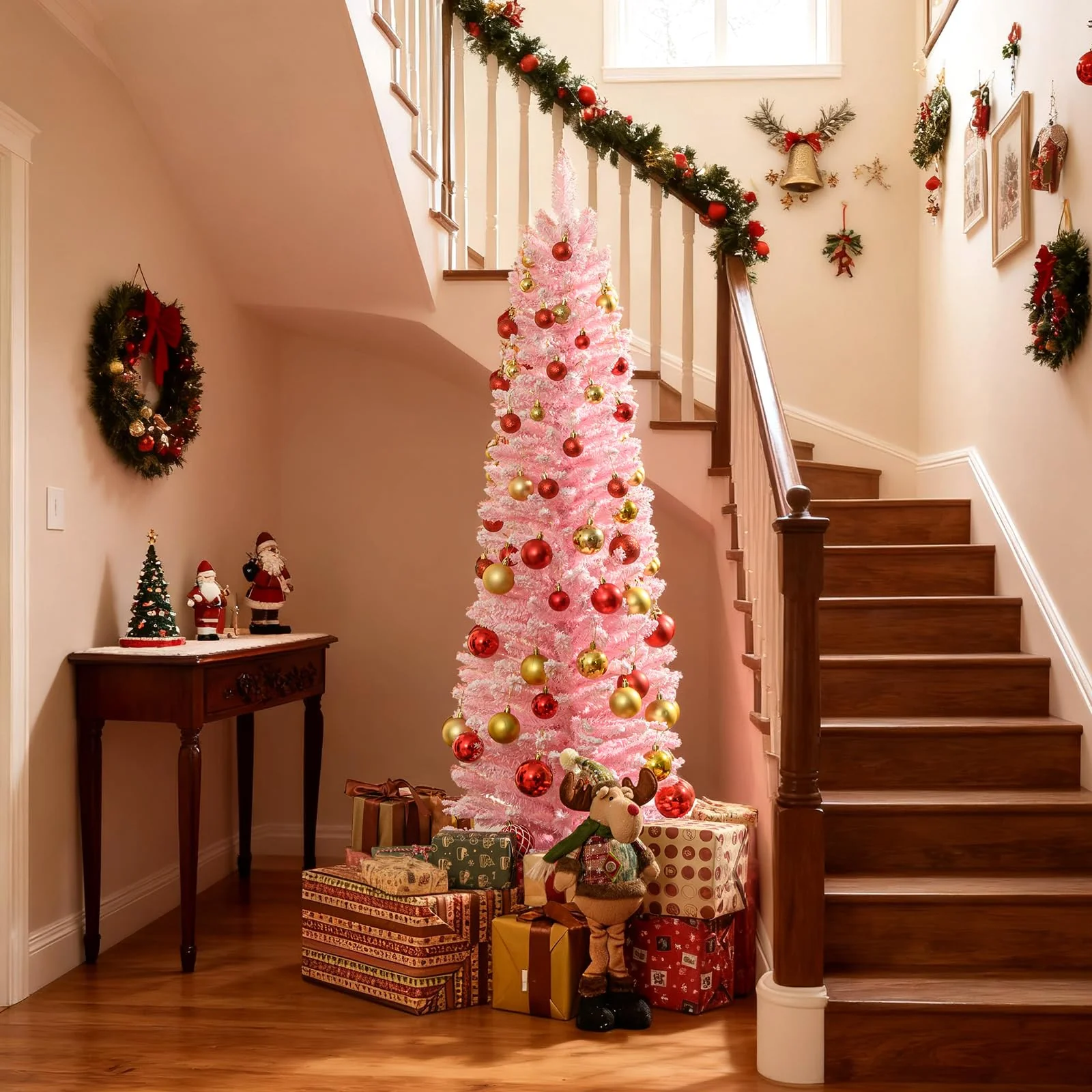 Goplus 5ft / 6ft Pink Slim Pencil Christmas Tree | Snow Flocked Skinny Xmas Full Tree - Image 2