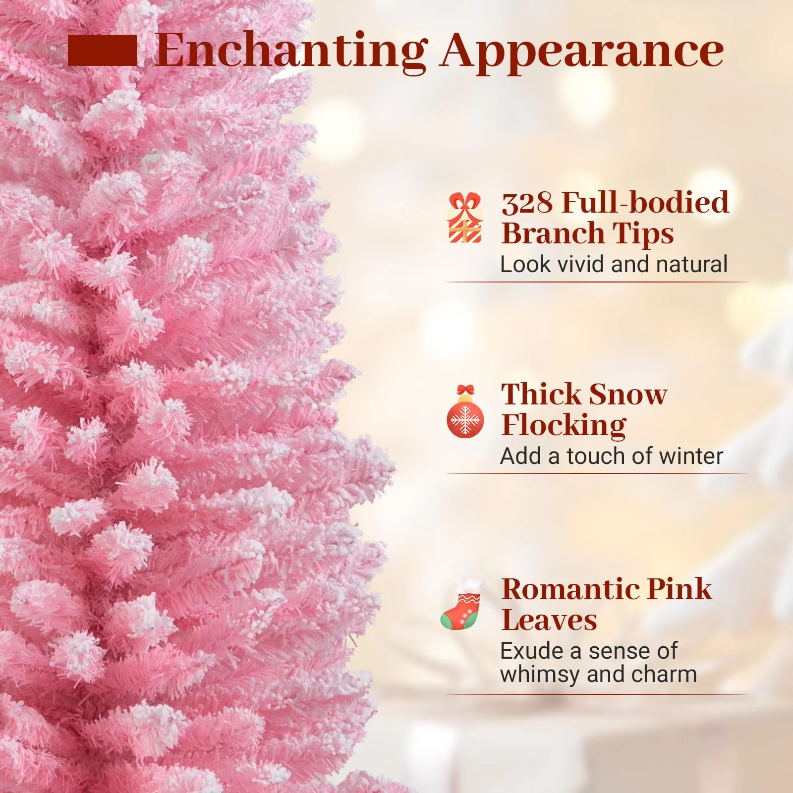 Goplus 5ft / 6ft Pink Slim Pencil Christmas Tree | Snow Flocked Skinny Xmas Full Tree - Image 3
