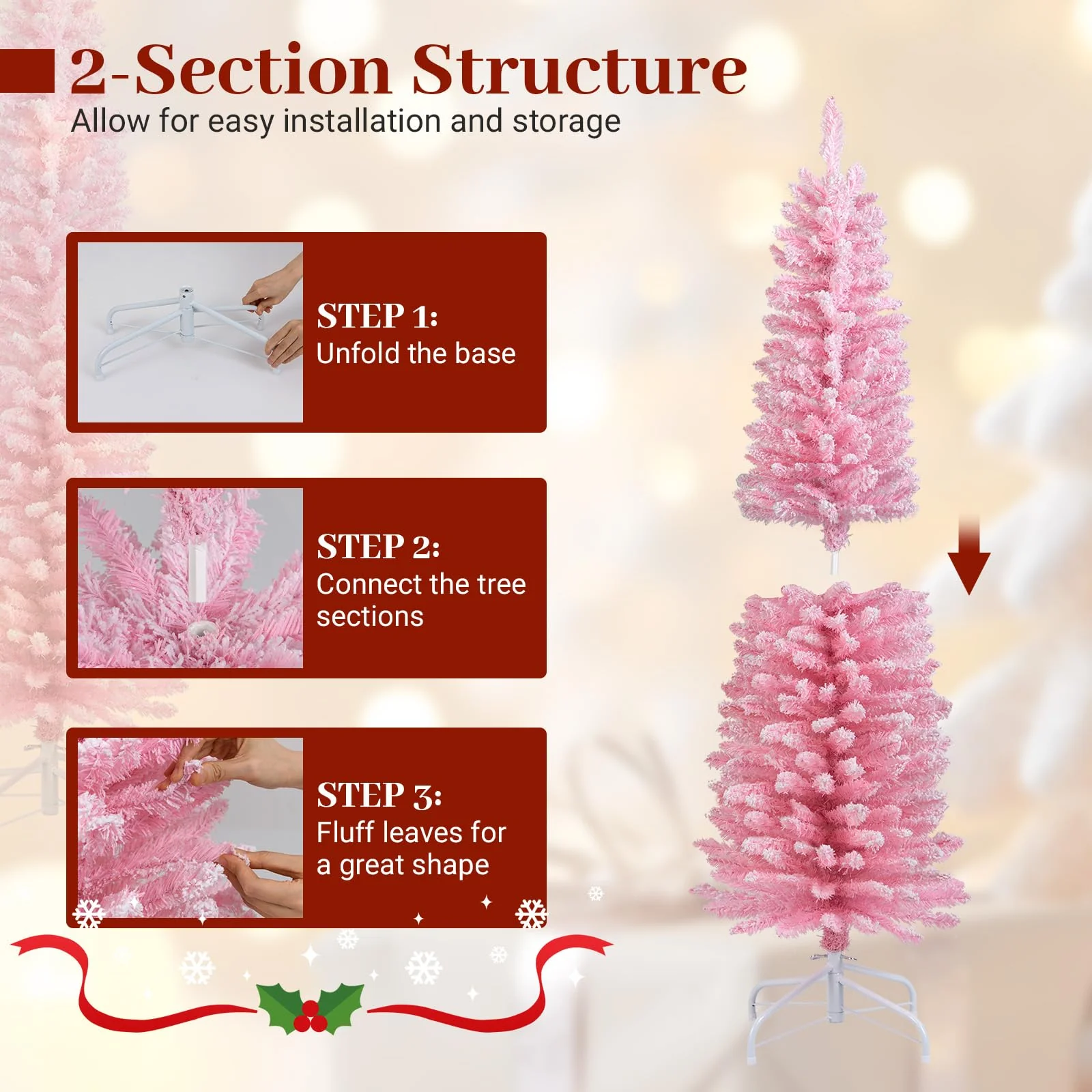 Goplus 5ft / 6ft Pink Slim Pencil Christmas Tree | Snow Flocked Skinny Xmas Full Tree - Image 5