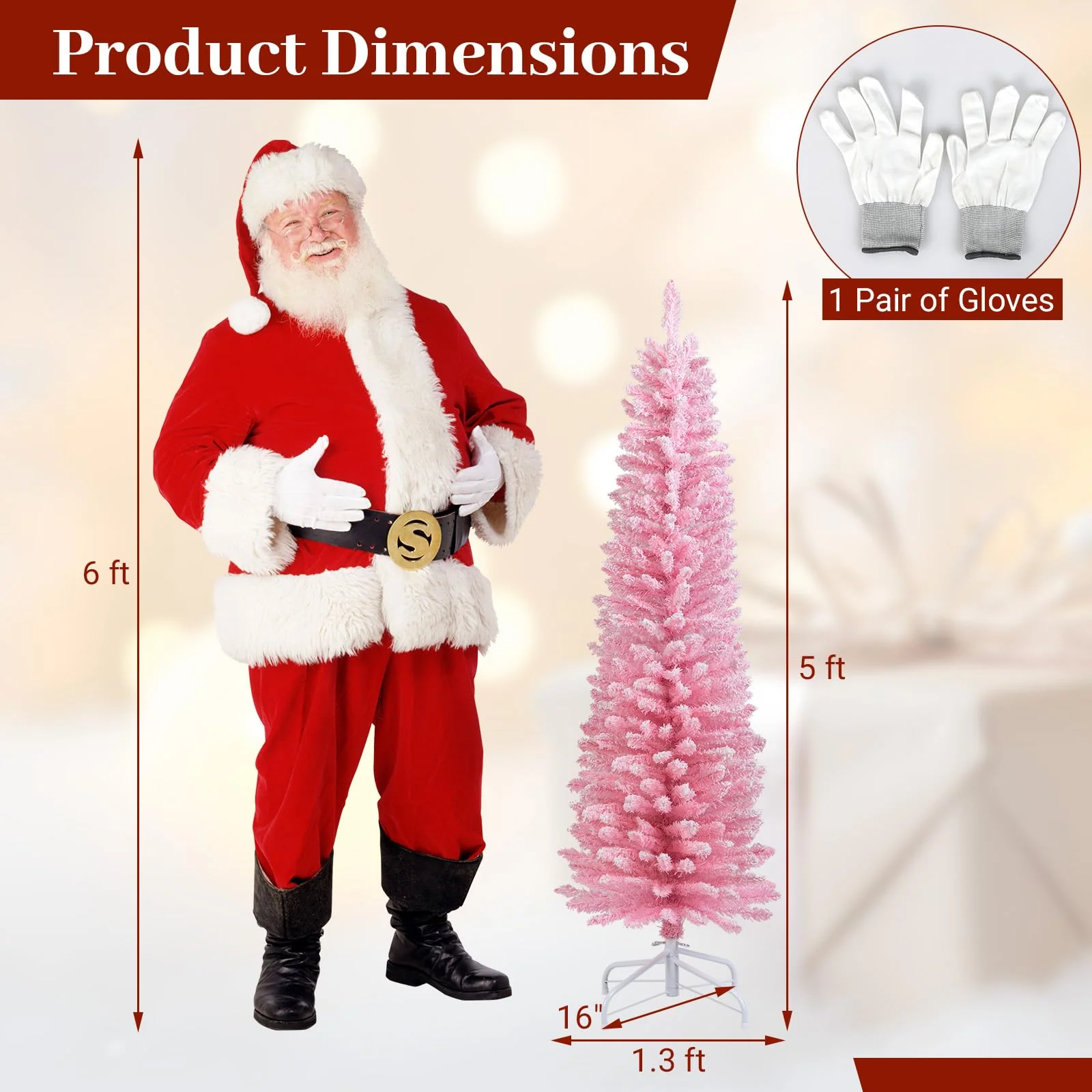 Goplus 5ft / 6ft Pink Slim Pencil Christmas Tree | Snow Flocked Skinny Xmas Full Tree - Image 7