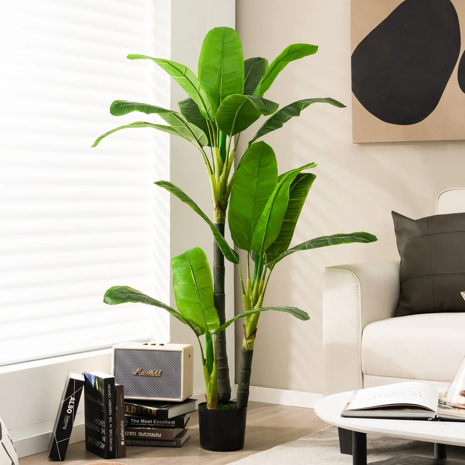 Goplus 5ft Bird of Paradise Artificial Plant, Fake Tropical Palm Tree with 18 Large Leaves - Image 8