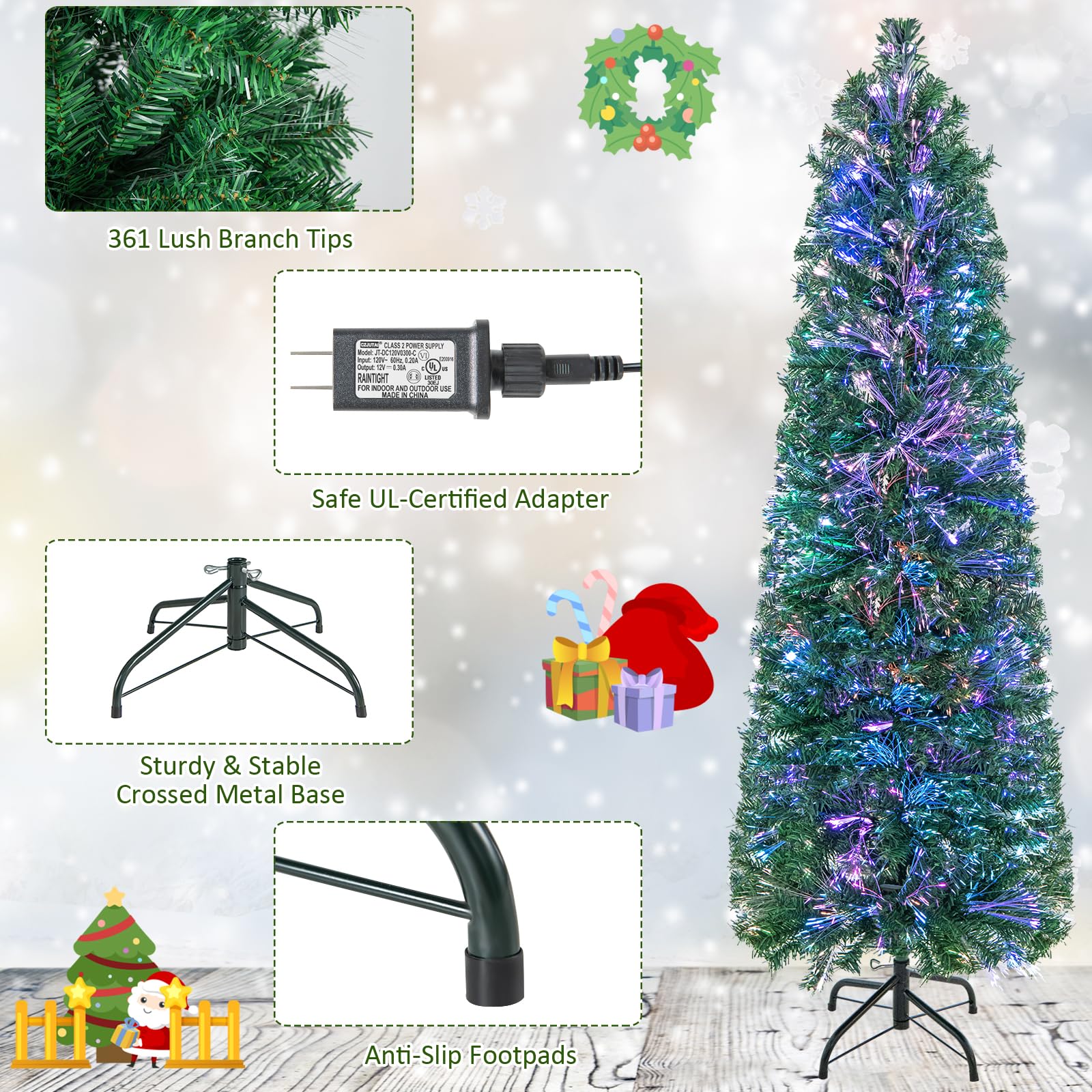 Goplus 5ft Fiber Optic Pencil Christmas Tree Xmas Full Tree for Home Office Holiday Decor - Image 6