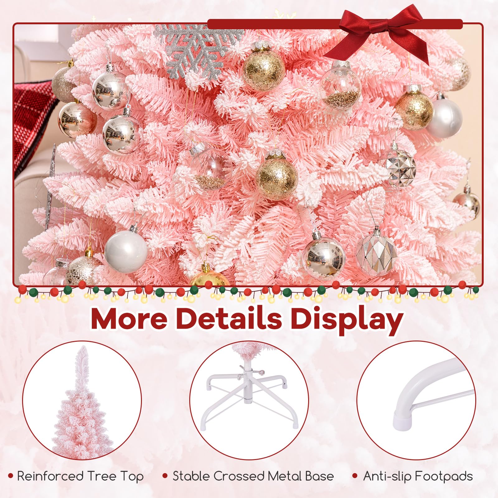 Goplus 5ft Pink Slim Pencil Christmas Tree, Artificial Unlit Skinny Xmas Full Tree with 328 Branch Tips - Image 5