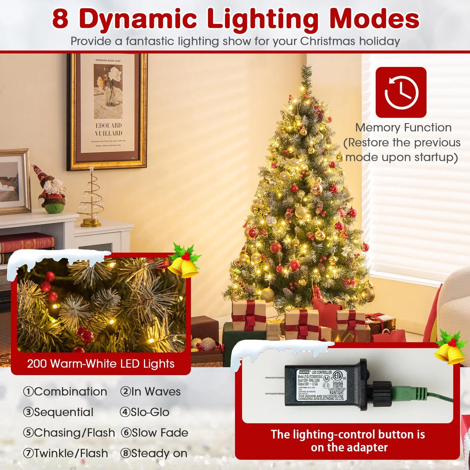 Goplus 5ft Pre-Lit Christmas Tree, Artificial Hinged Xmas Tree with 200 Warm-White LED Lights - Image 2