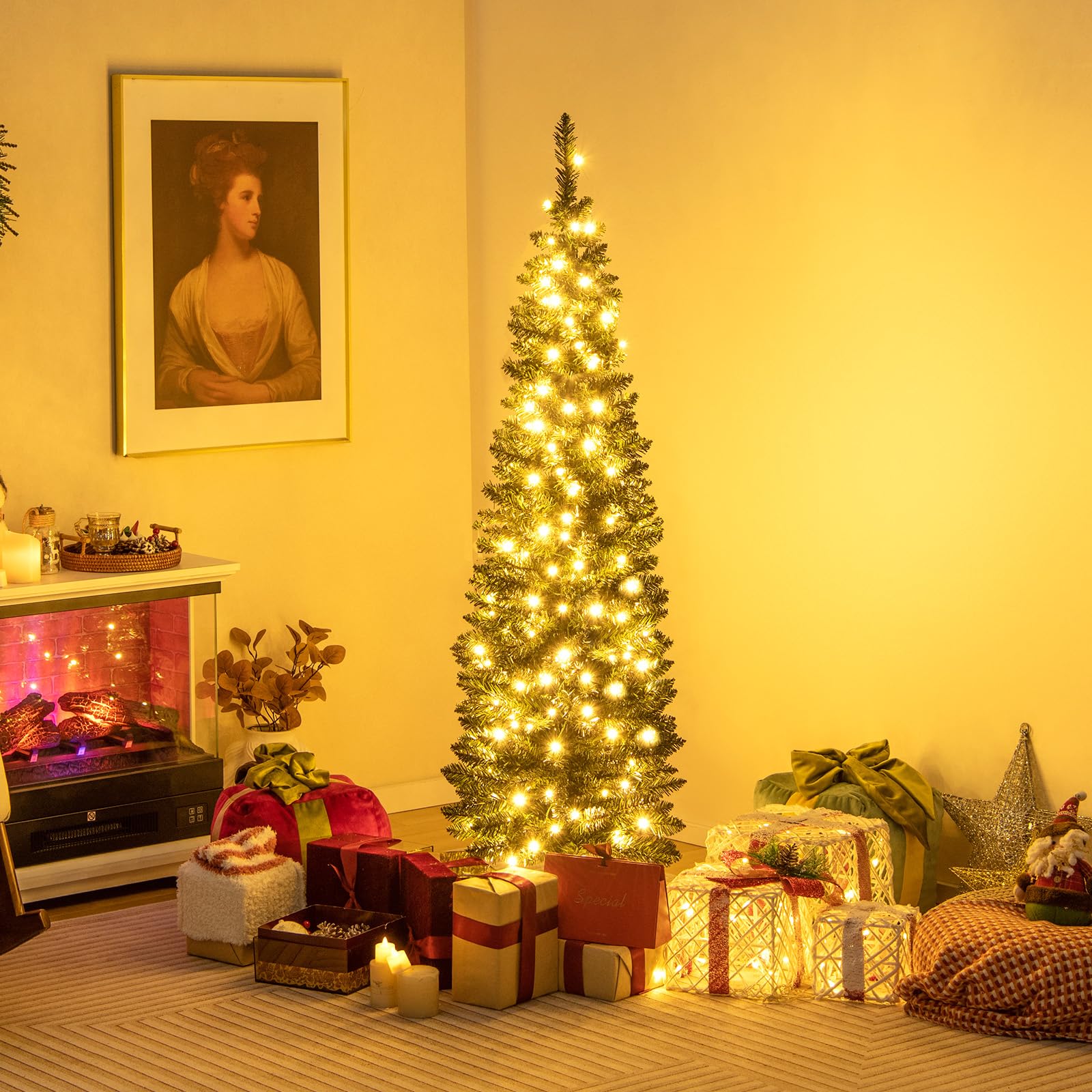 Goplus 5ft Pre-Lit Pencil Christmas Tree, Artificial Slim Xmas Tree with 150 Warm-White LED Lights - Image 2