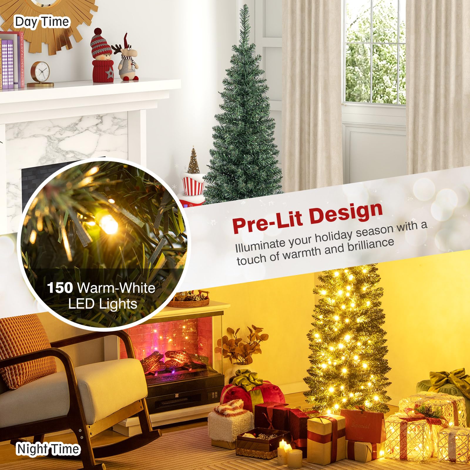 Goplus 5ft Pre-Lit Pencil Christmas Tree, Artificial Slim Xmas Tree with 150 Warm-White LED Lights - Image 3
