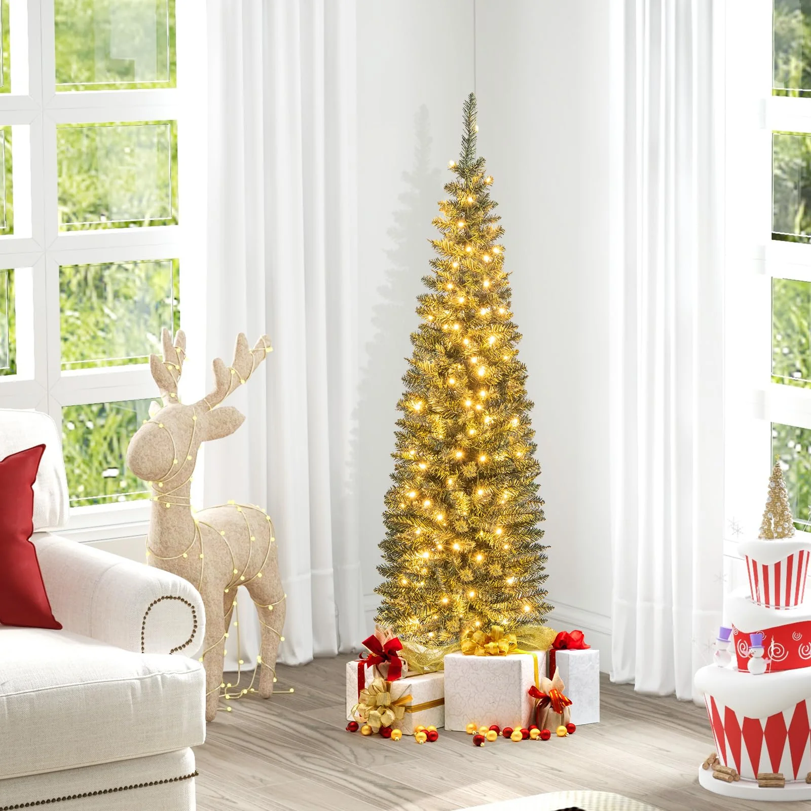 Goplus 5ft Pre-Lit Pencil Christmas Tree, Artificial Slim Xmas Tree with 150 Warm-White LED Lights - Image 8