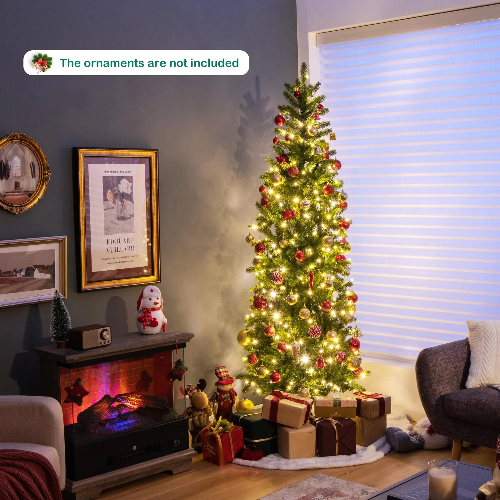 Goplus 5ft Pre-Lit Pencil Christmas Tree, Hinged Artificial Slim Tree with 390 PVC PE Branch Tips - Image 2