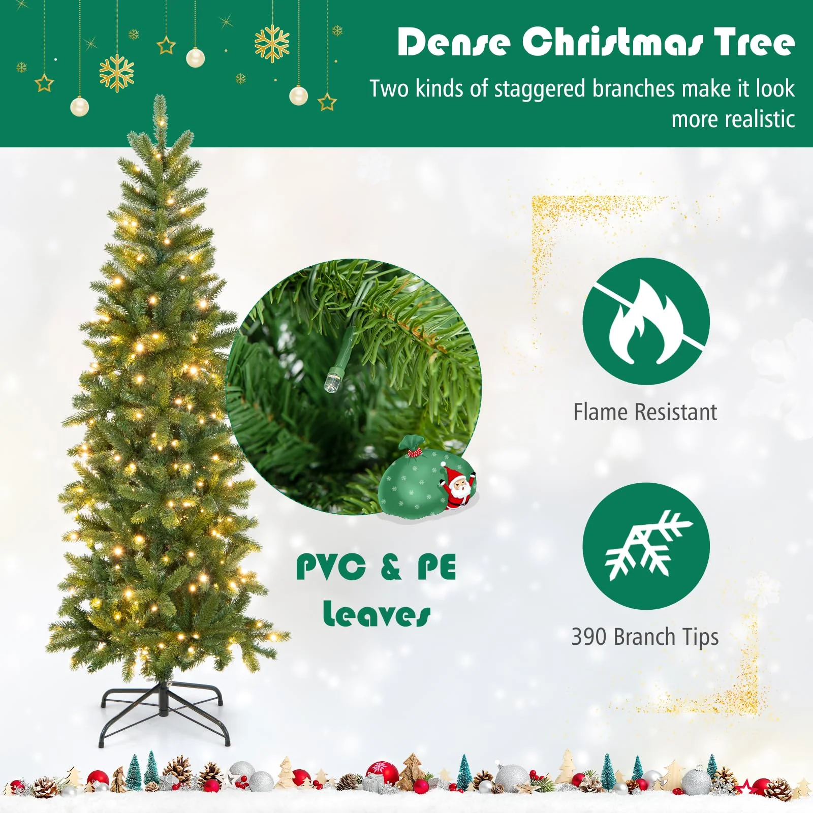Goplus 5ft Pre-Lit Pencil Christmas Tree, Hinged Artificial Slim Tree with 390 PVC PE Branch Tips - Image 4