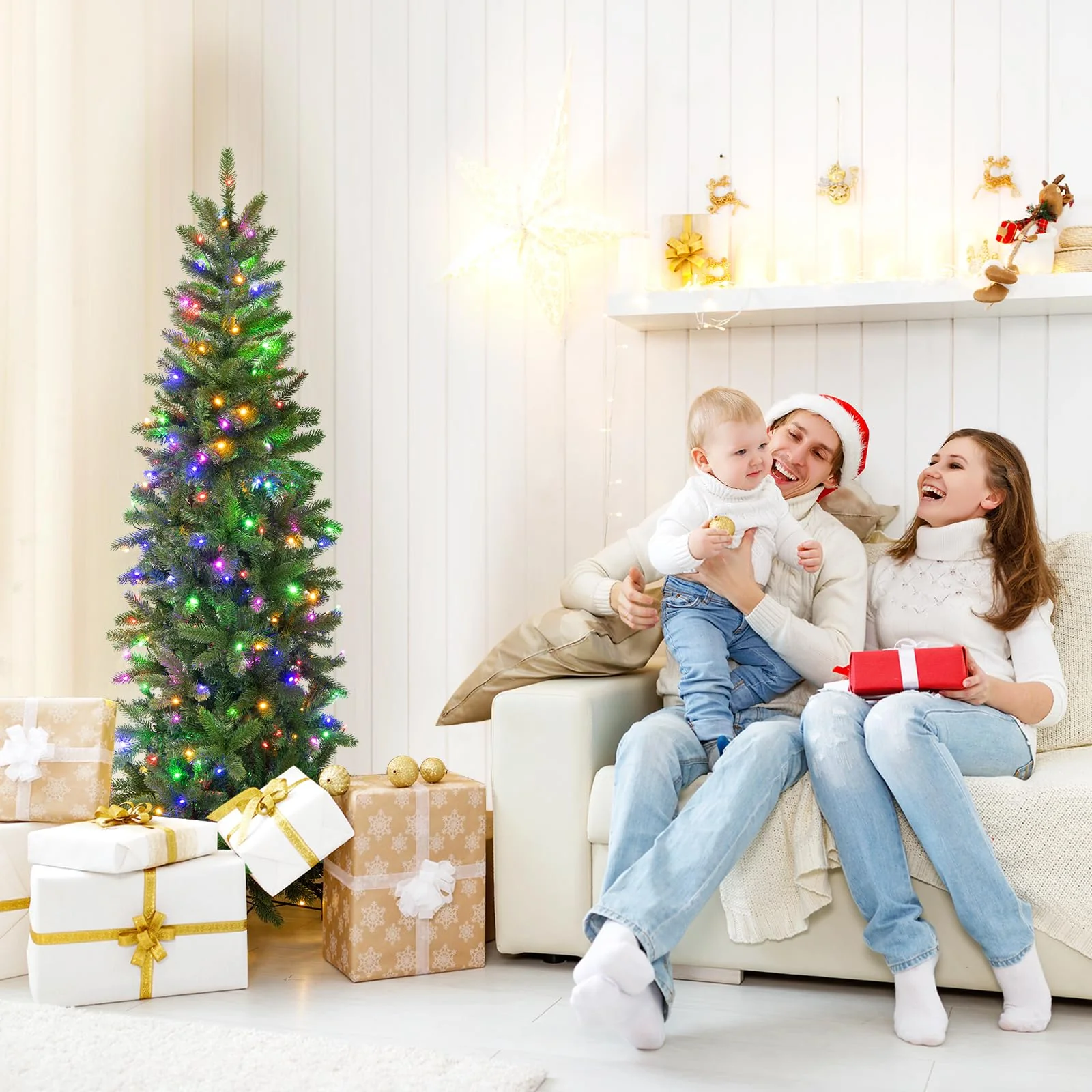 Goplus 5ft Pre-Lit Pencil Christmas Tree, Hinged Artificial Slim Tree with 390 PVC PE Branch Tips - Image 8