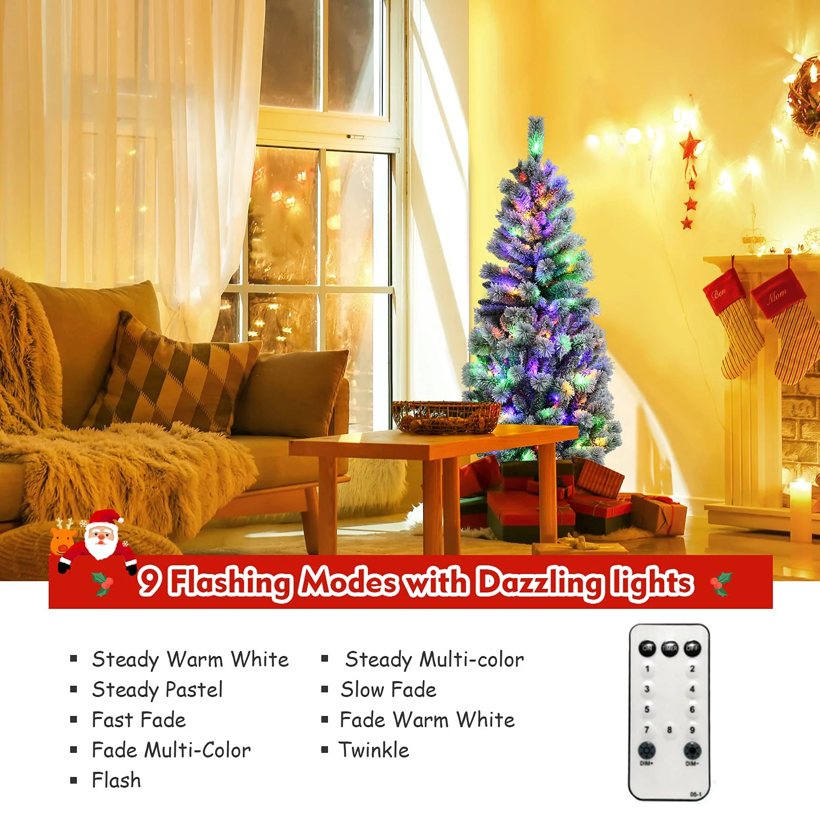 Goplus 5ft Pre-lit Snow Flocked Christmas Tree, Premium Hinged Artificial Pine Tree w/ 9 Lighting Modes & 140 Color Changing LED Lights - Image 4
