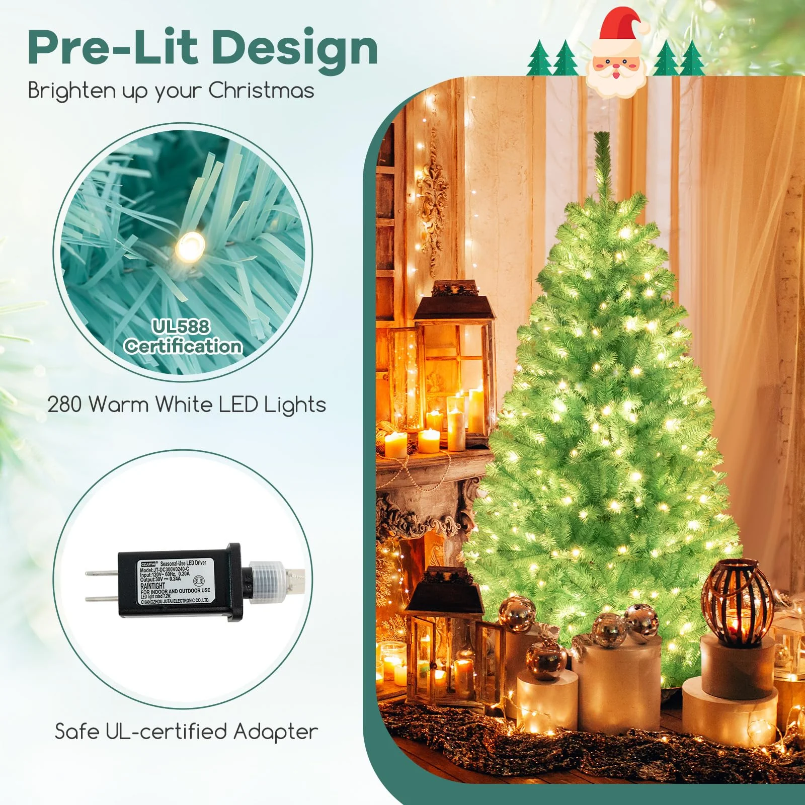 Goplus 6/7 FT Blue Pre-Lit Christmas Tree, Artificial Hinged Xmas Full Tree with 280/380 Warm White LED Lights - Image 2