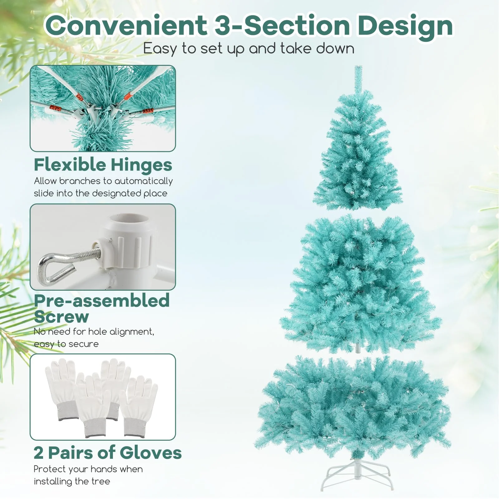 Goplus 6/7 FT Blue Pre-Lit Christmas Tree, Artificial Hinged Xmas Full Tree with 280/380 Warm White LED Lights - Image 5