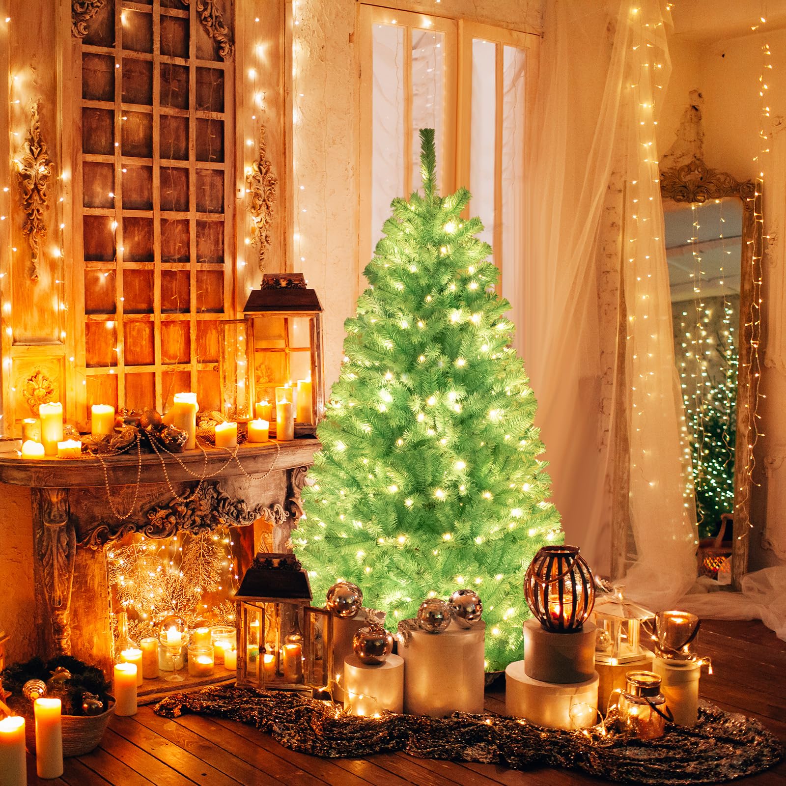 Goplus 6/7 FT Blue Pre-Lit Christmas Tree, Artificial Hinged Xmas Full Tree with 280/380 Warm White LED Lights - Image 8
