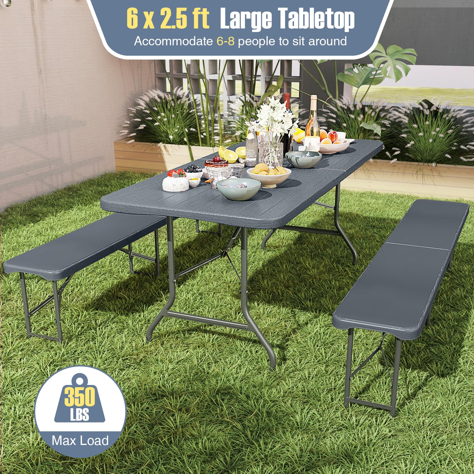 Goplus 6 FT 3-Piece Portable Picnic Table Bench Set, HDPE Wood-Like Plastic Folding Picnic Tables with Benches - Image 4