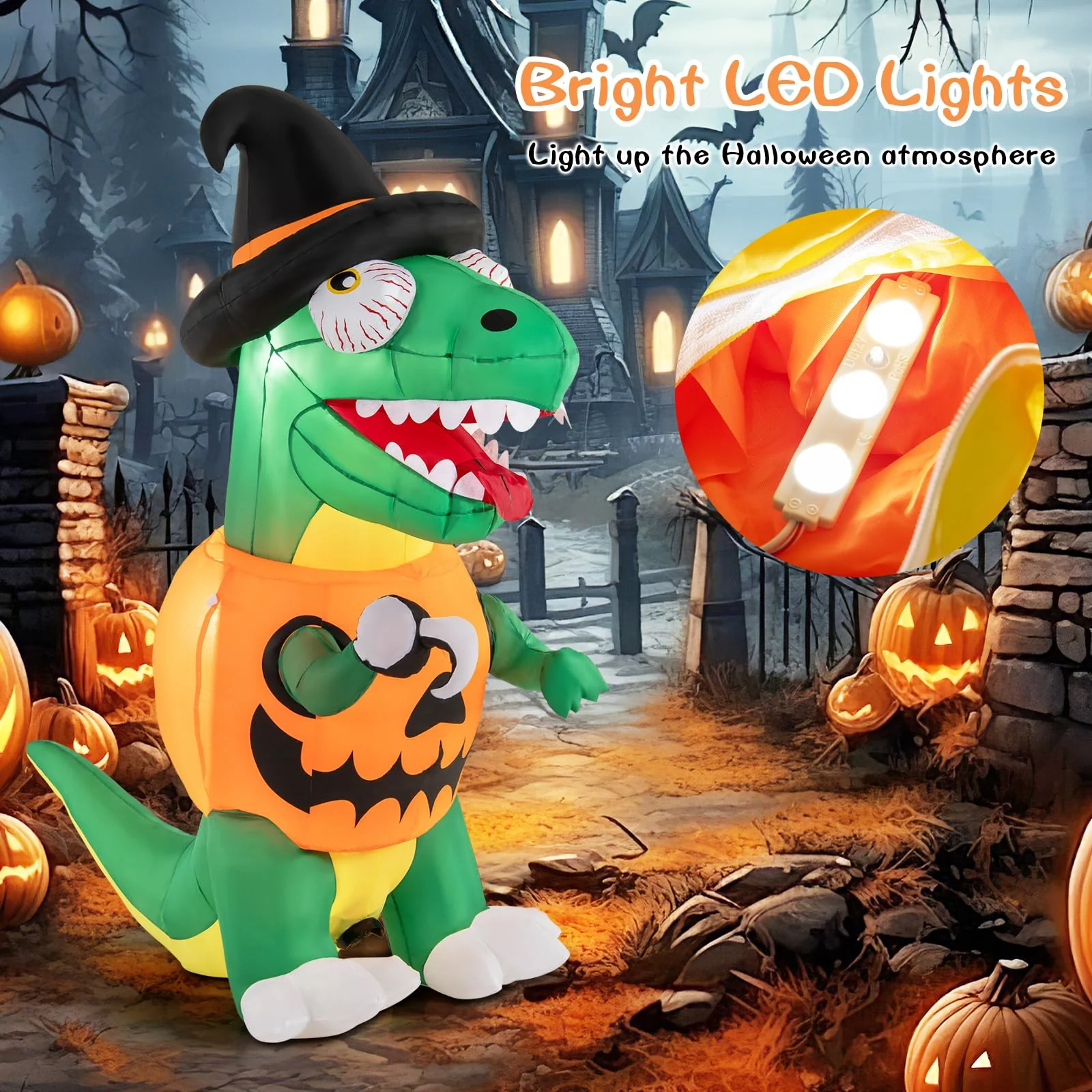 Goplus 6 FT Inflatable Pumpkin Dinosaur, Blow up Yard Decoration with Built-in LED Lights & Witch Hat - Image 2