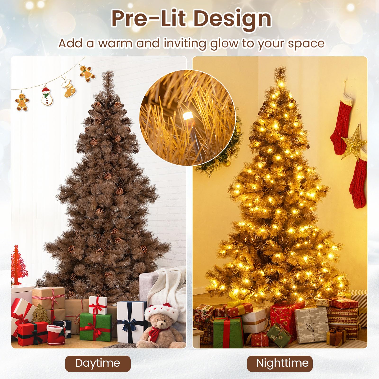 Goplus 6 FT Pre-Lit Chocolate-Color Xmas Tree with 493 Pine Needles & PVC Tips - Image 2