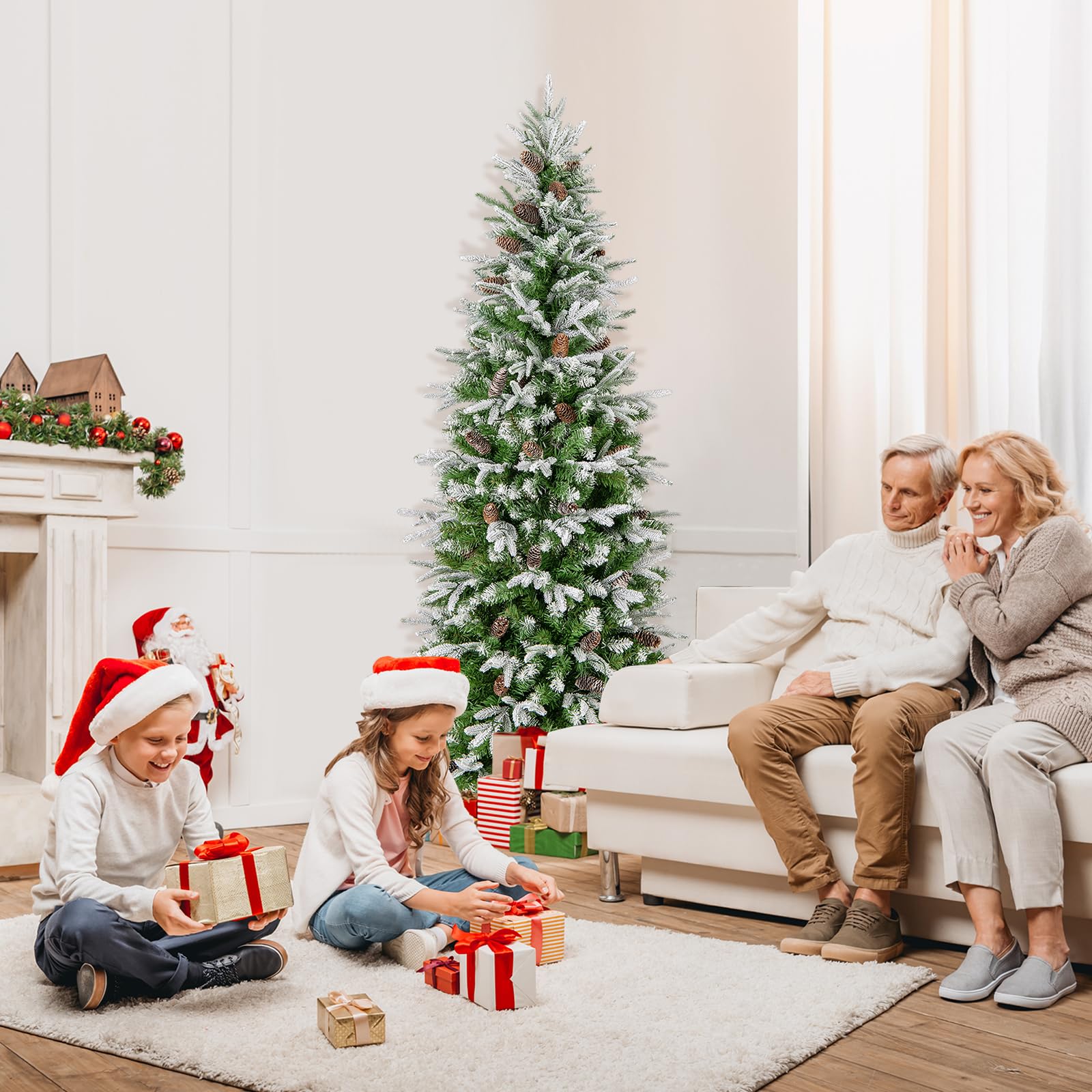 Goplus 6 FT Pre-Lit Pencil Christmas Tree, Artificial Snow Flocked Hinged Xmas Tree with 280 Warm-White LED Lights - Image 2