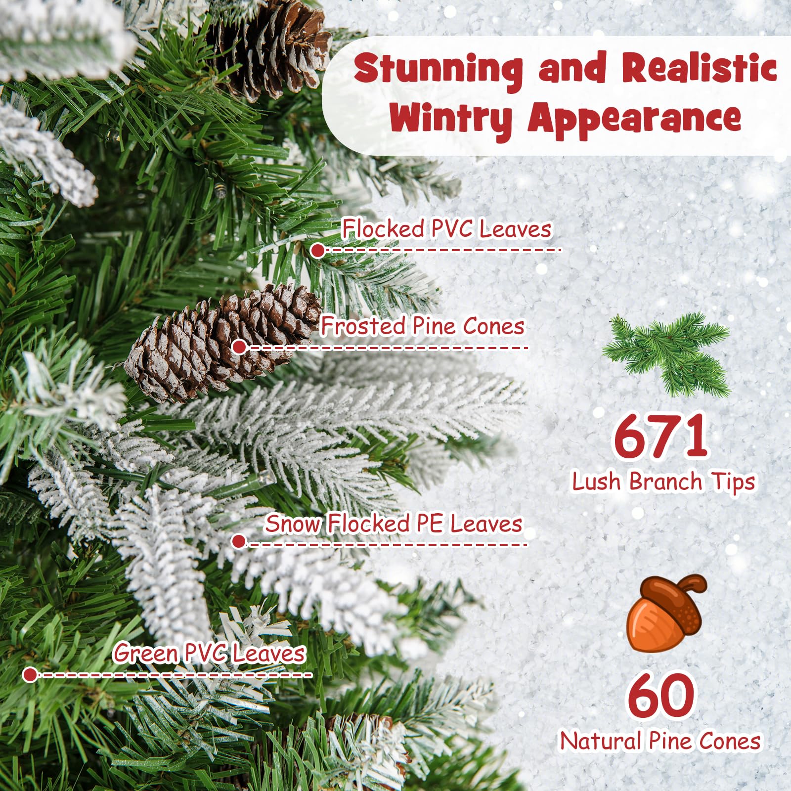 Goplus 6 FT Pre-Lit Pencil Christmas Tree, Artificial Snow Flocked Hinged Xmas Tree with 280 Warm-White LED Lights - Image 3