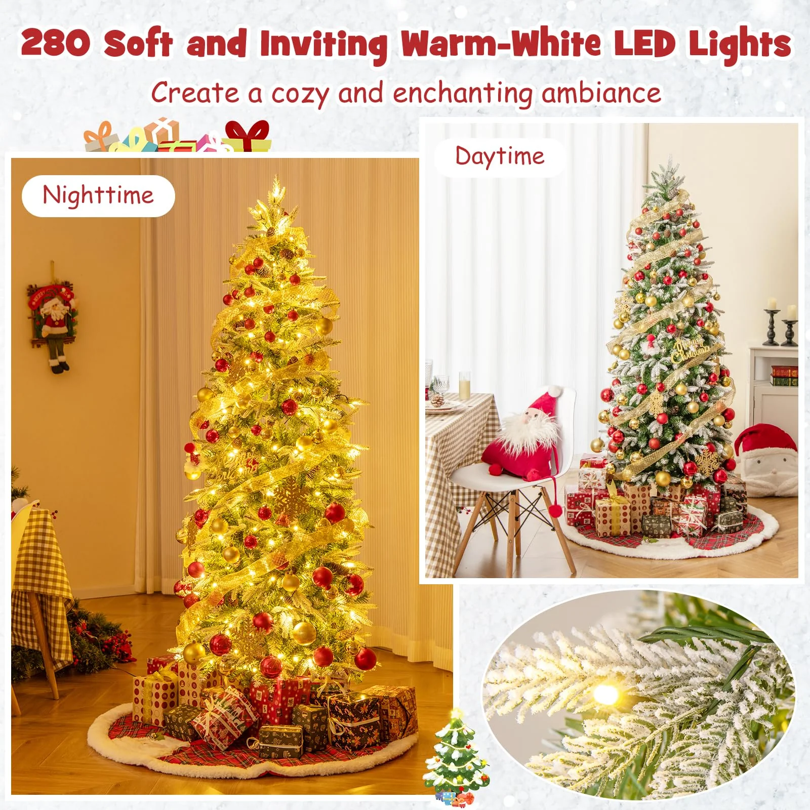 Goplus 6 FT Pre-Lit Pencil Christmas Tree, Artificial Snow Flocked Hinged Xmas Tree with 280 Warm-White LED Lights - Image 4