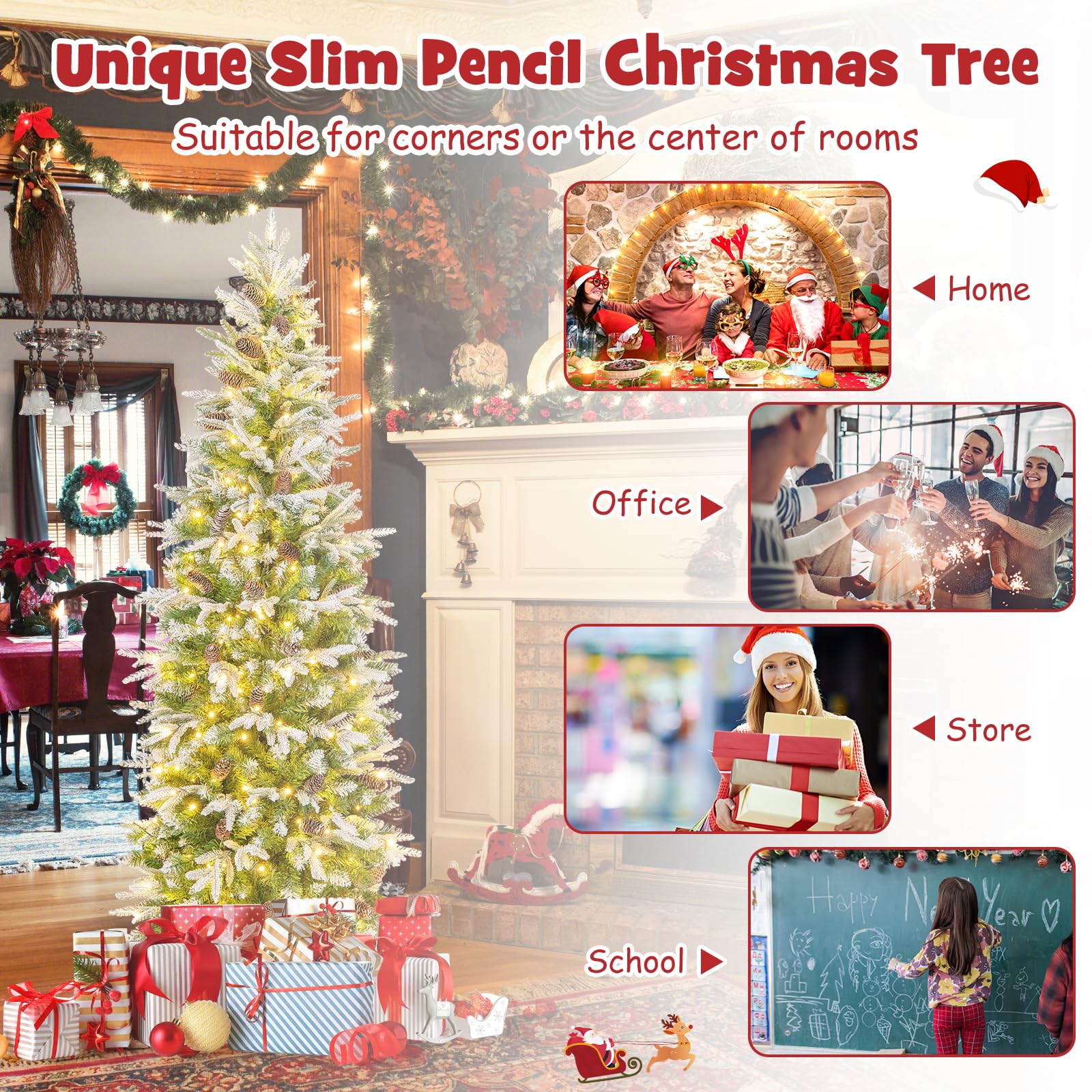 Goplus 6 FT Pre-Lit Pencil Christmas Tree, Artificial Snow Flocked Hinged Xmas Tree with 280 Warm-White LED Lights - Image 7