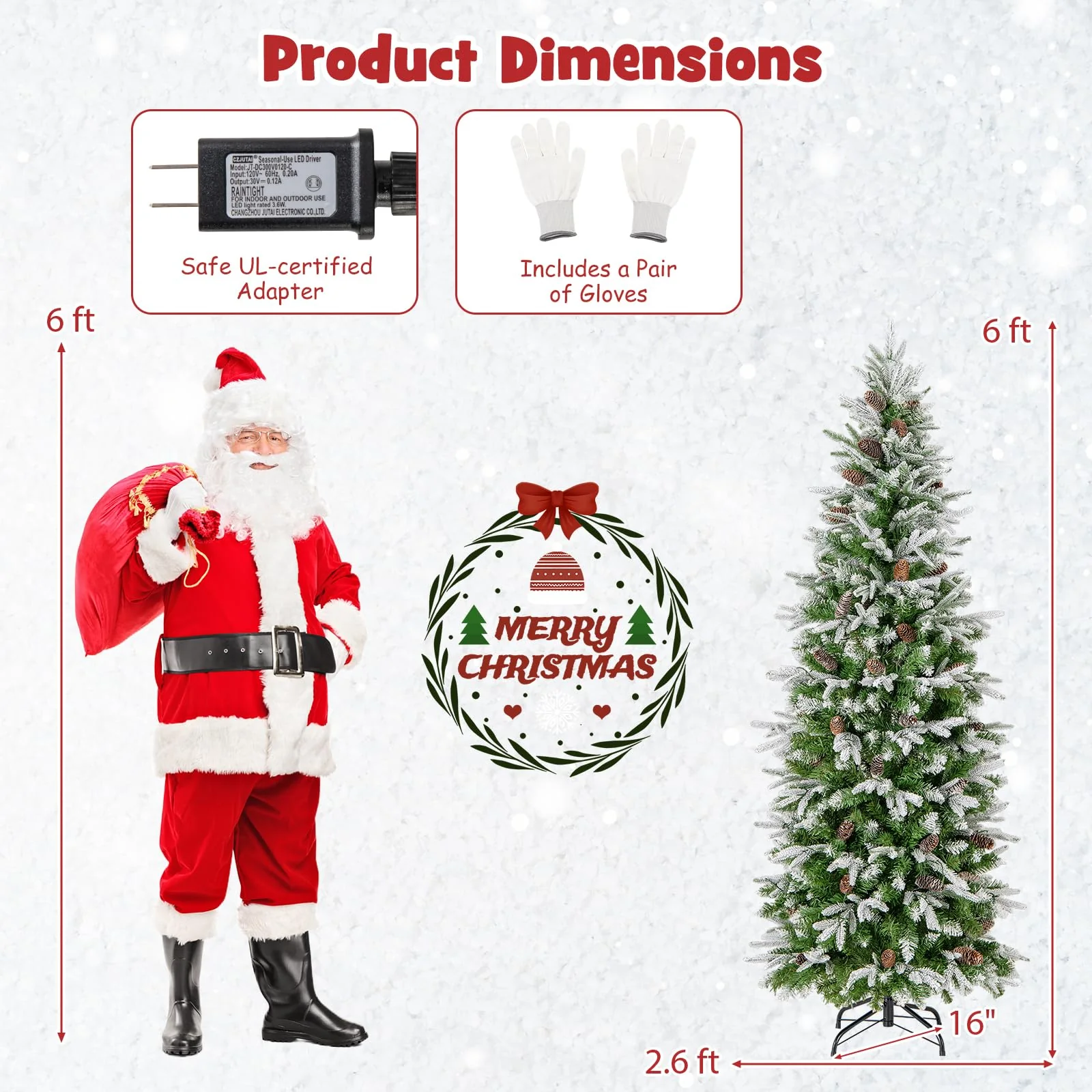 Goplus 6 FT Pre-Lit Pencil Christmas Tree, Artificial Snow Flocked Hinged Xmas Tree with 280 Warm-White LED Lights - Image 9
