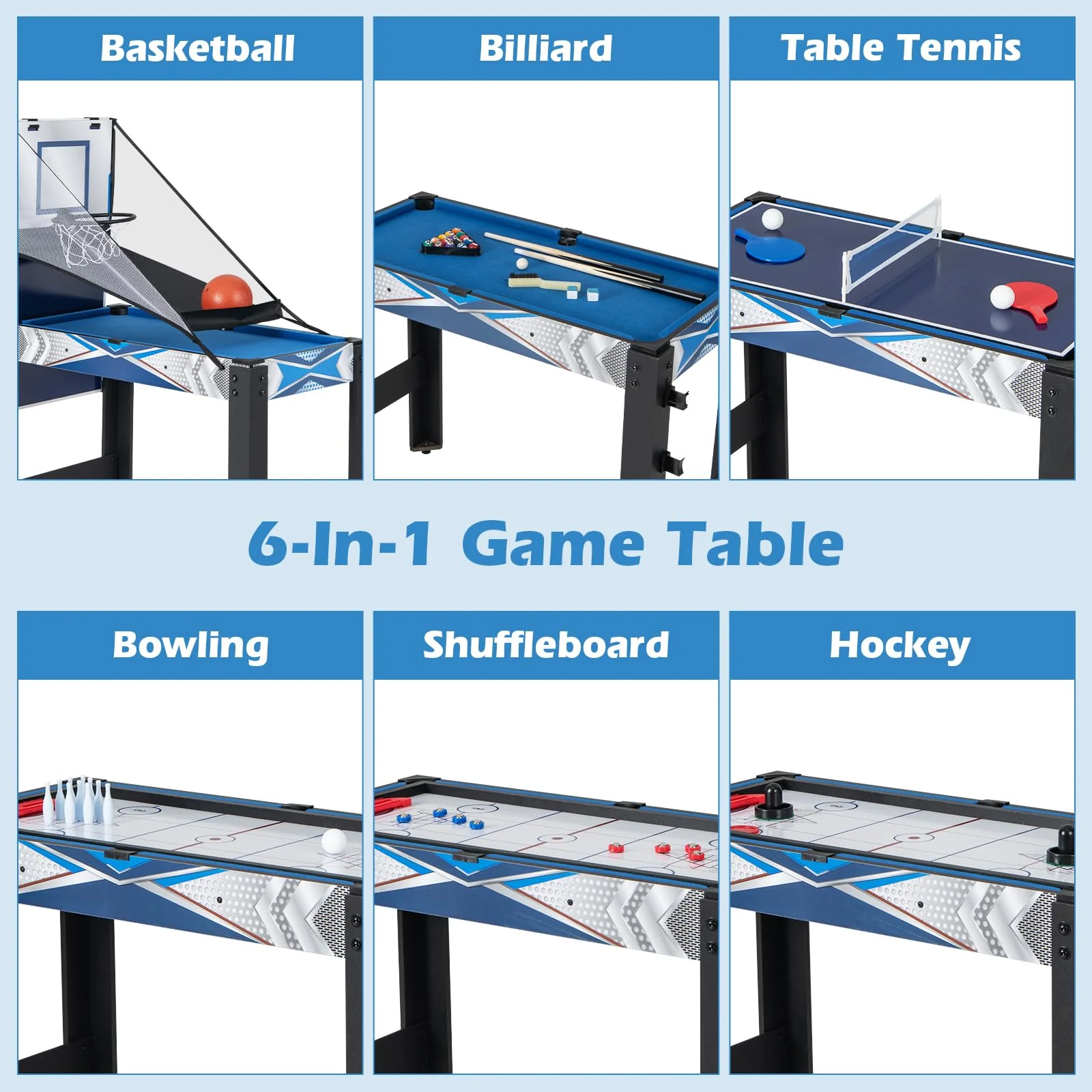 Goplus 6-in-1 Multi Game Table, Combo Game Table w/Basketball, Billiards, Ping Pong, Hockey, Shuffleboard, Bowling - Image 2