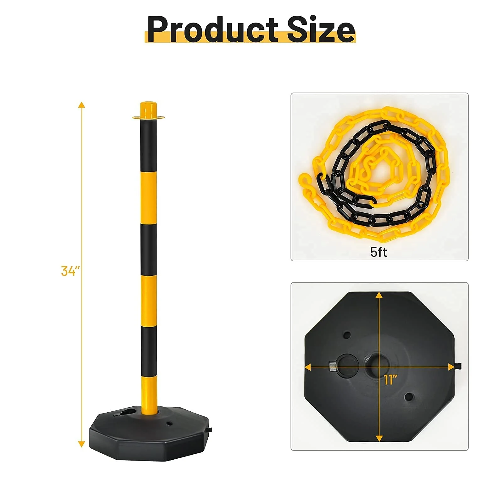 Goplus 6 Pack Delineator Post Cone, Traffic Cones Safety Barrier with Octagonal Fillable Base & 5FT Link Chains (6PCS, Black+Yellow) - Image 4