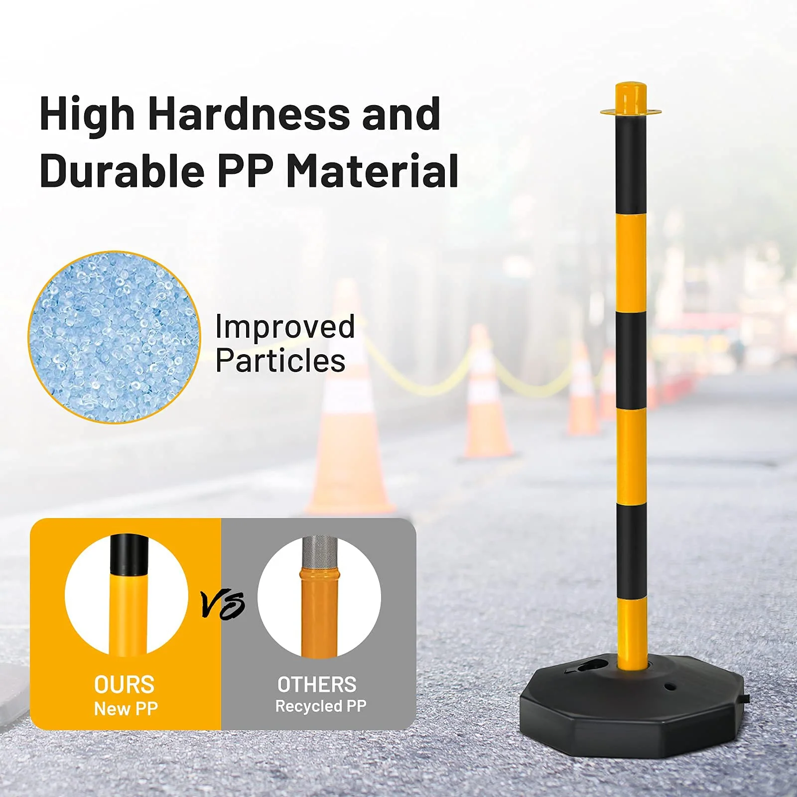 Goplus 6 Pack Delineator Post Cone, Traffic Cones Safety Barrier with Octagonal Fillable Base & 5FT Link Chains (6PCS, Black+Yellow) - Image 5