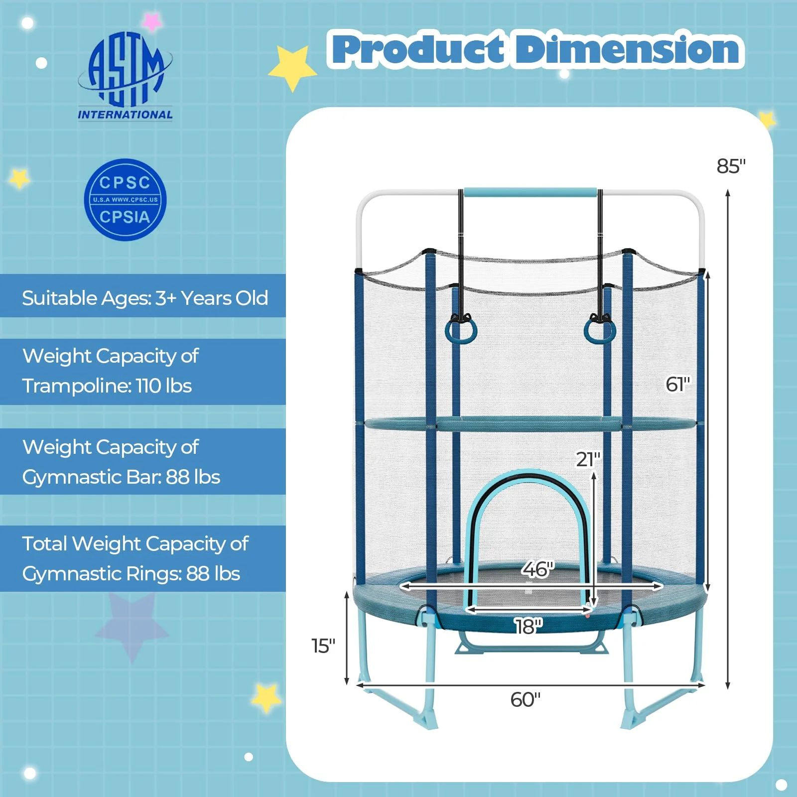 Goplus 60'' Trampoline for Kids, 3-in-1 Toddler Trampoline - Image 9