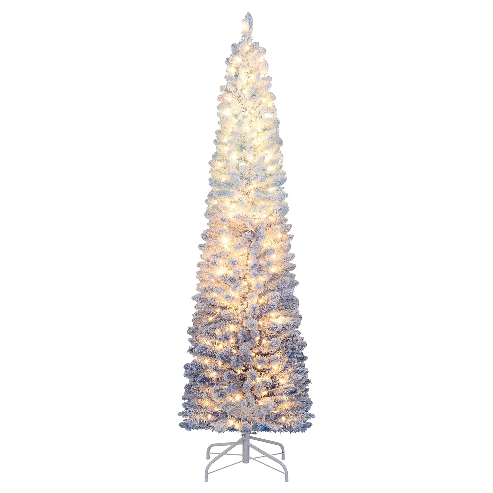 Goplus 6FT / 7FT Blue Gradient Snow Flocked Christmas Tree with Warm White LED Lights