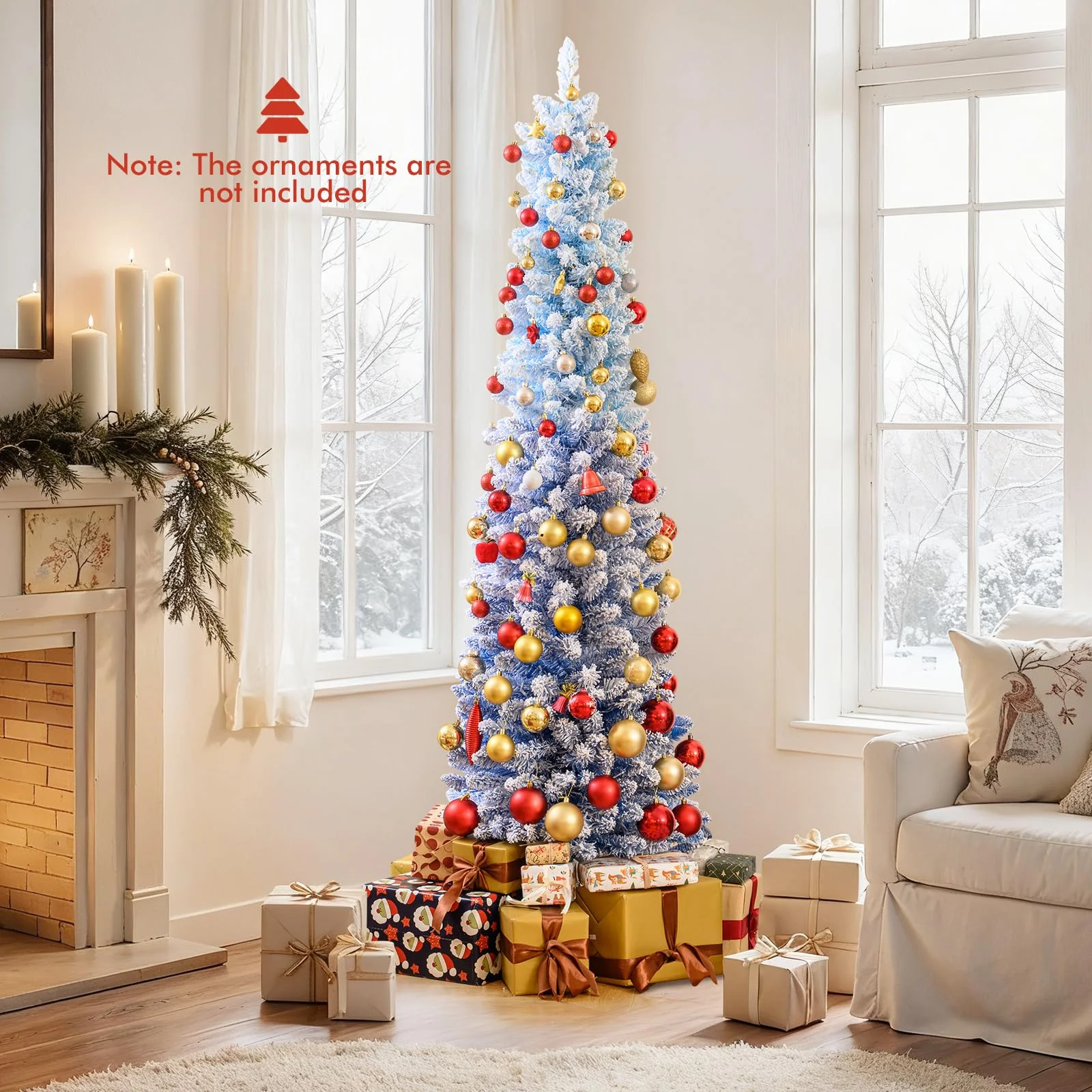 Goplus 6FT / 7FT Blue Gradient Snow Flocked Christmas Tree with Warm White LED Lights - Image 8