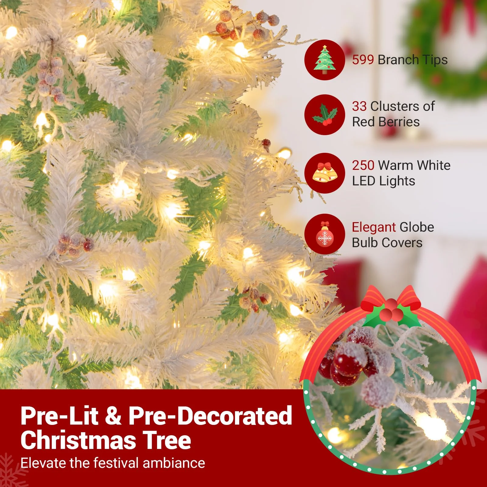 Goplus 6FT / 7FT Hinged Lighted Xmas Tree with Snow Flocked Branch Tips & LED Lights - Image 3