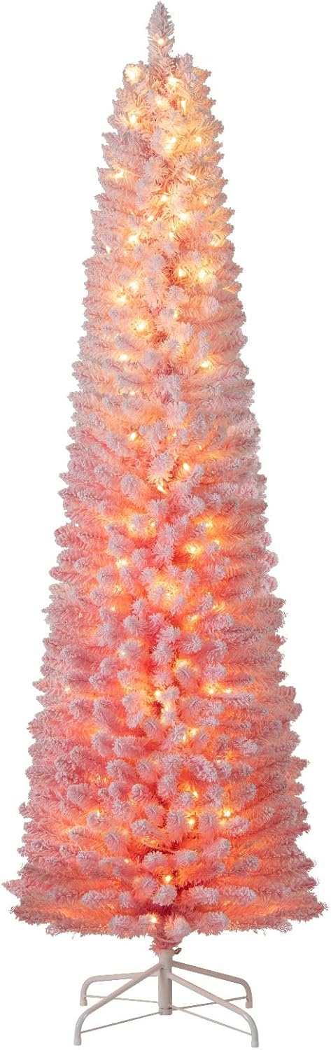 Goplus 6ft / 7ft Pink Slim Pencil Christmas Tree | Pre-lit Snow Flocked Artificial Skinny Xmas Tree - Image 10