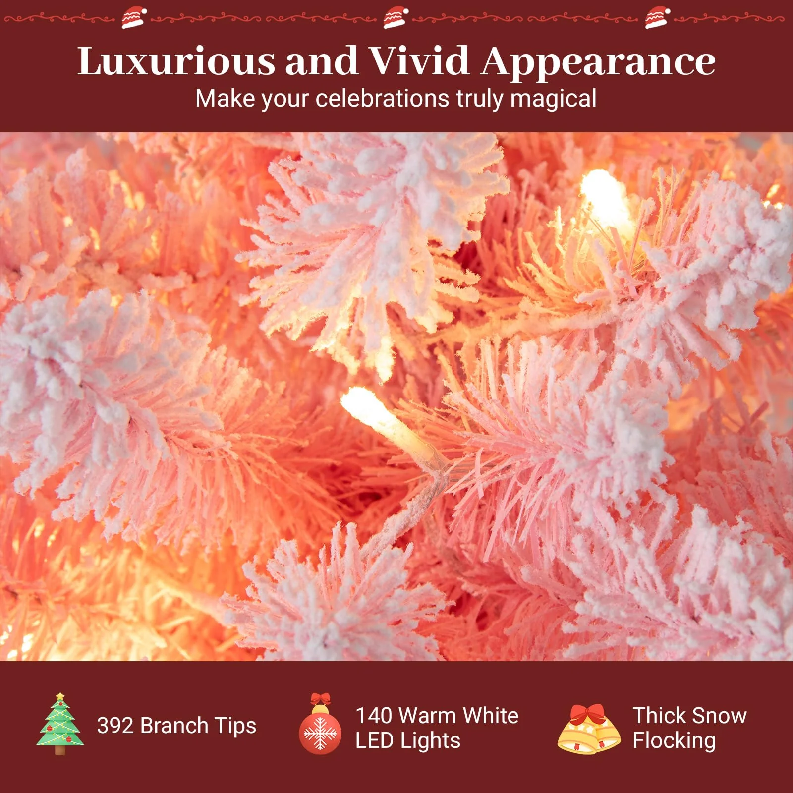 Goplus 6ft / 7ft Pink Slim Pencil Christmas Tree | Pre-lit Snow Flocked Artificial Skinny Xmas Tree - Image 3