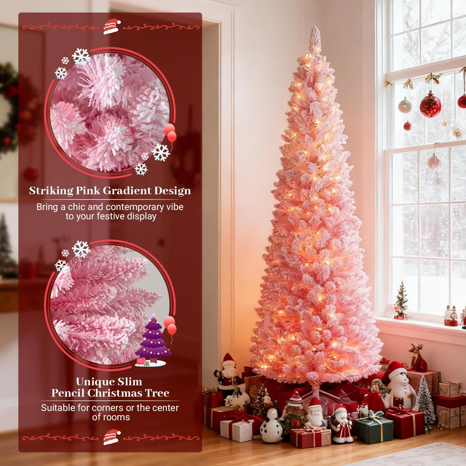 Goplus 6ft / 7ft Pink Slim Pencil Christmas Tree | Pre-lit Snow Flocked Artificial Skinny Xmas Tree - Image 4