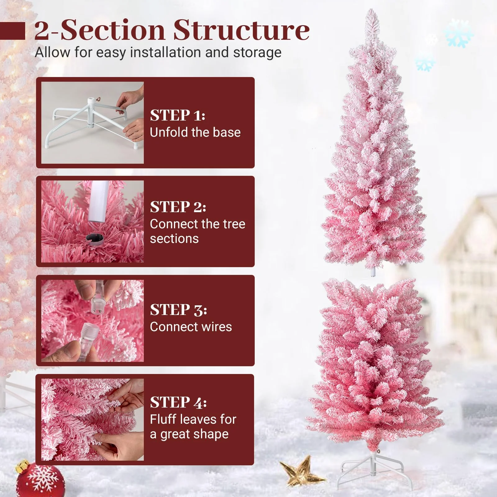 Goplus 6ft / 7ft Pink Slim Pencil Christmas Tree | Pre-lit Snow Flocked Artificial Skinny Xmas Tree - Image 5