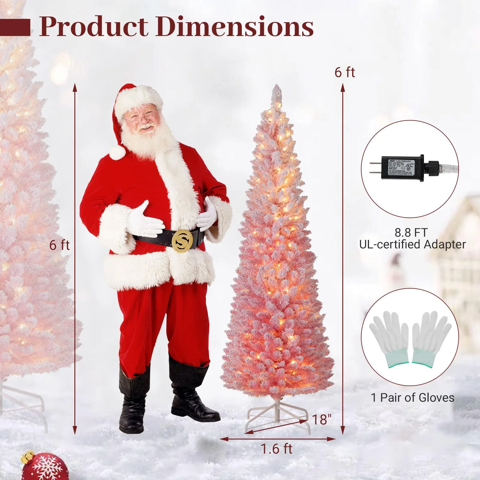 Goplus 6ft / 7ft Pink Slim Pencil Christmas Tree | Pre-lit Snow Flocked Artificial Skinny Xmas Tree - Image 7