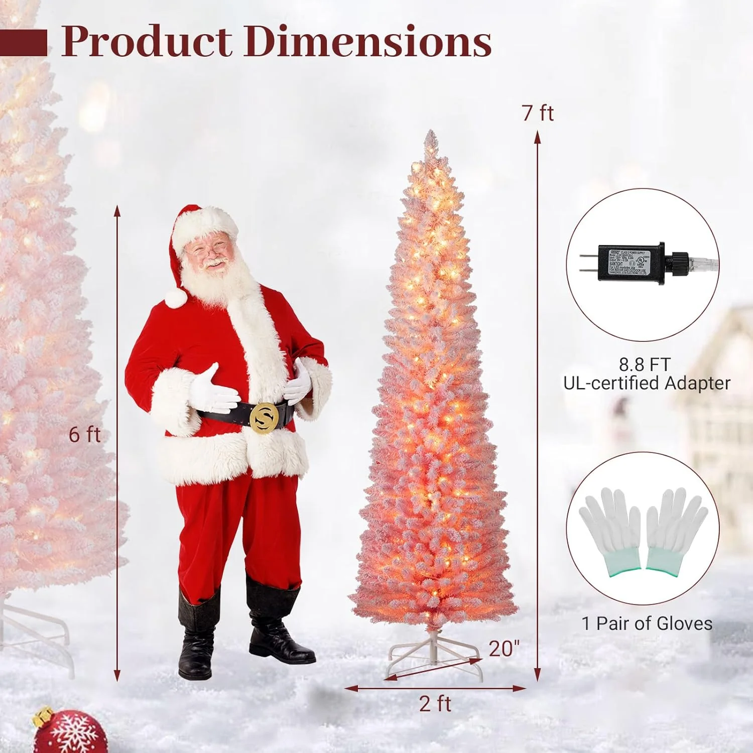 Goplus 6ft / 7ft Pink Slim Pencil Christmas Tree | Pre-lit Snow Flocked Artificial Skinny Xmas Tree - Image 8