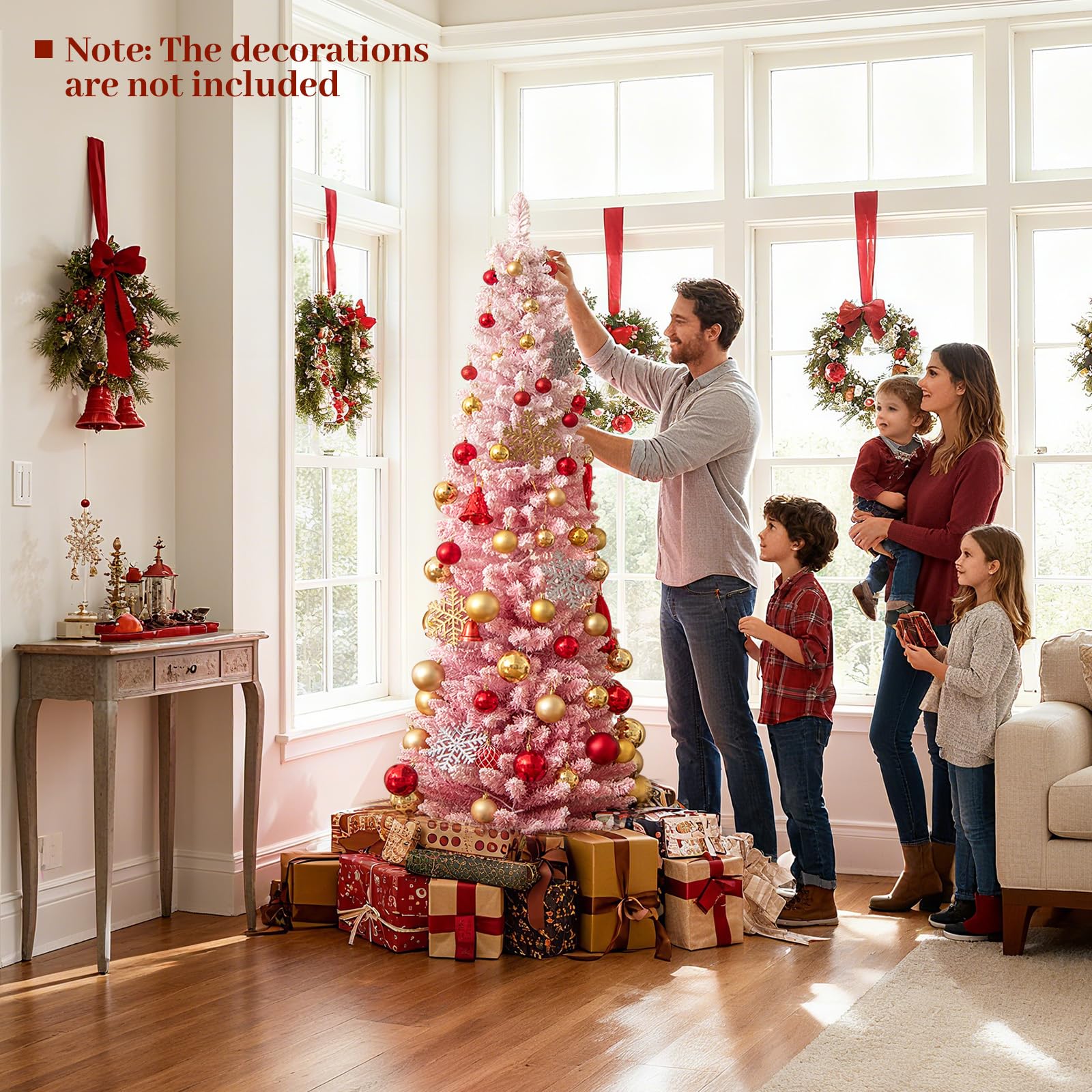 Goplus 6ft / 7ft Pink Slim Pencil Christmas Tree | Pre-lit Snow Flocked Artificial Skinny Xmas Tree - Image 9