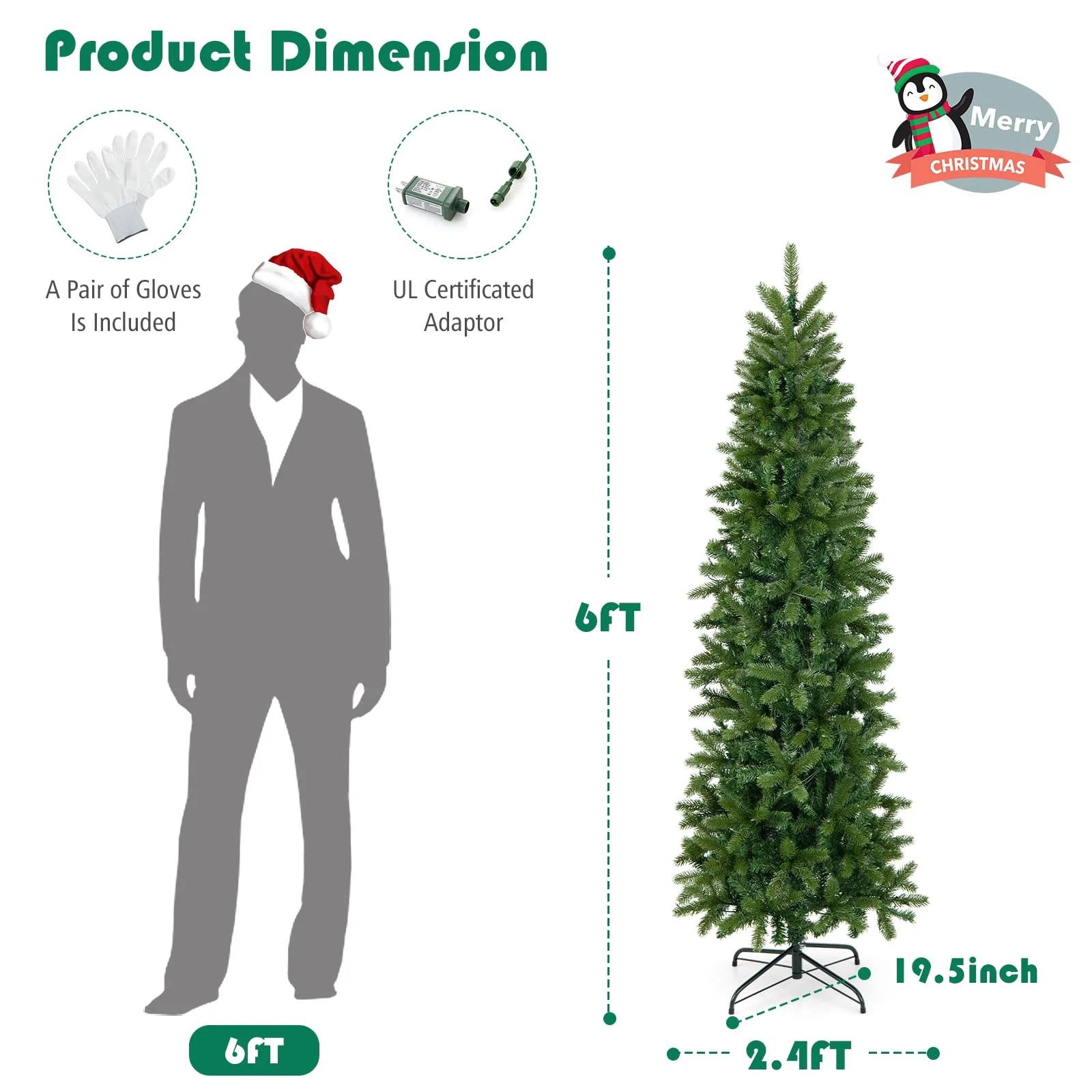 Goplus 6ft / 7ft Pre-Lit Pencil Christmas Tree, Hinged Artificial Slim Tree with 648 PVC PE Branch Tips - Image 8