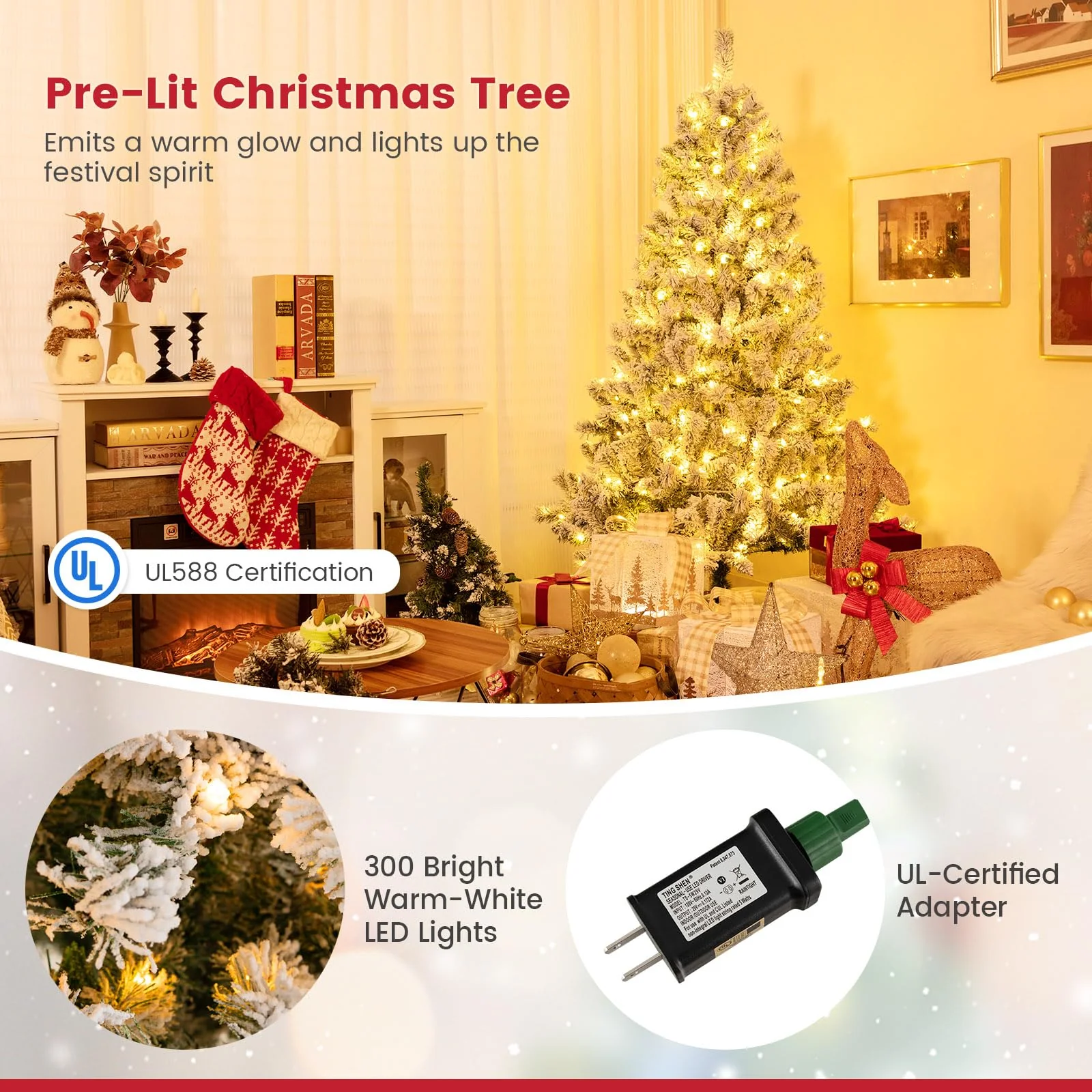 Goplus 3-Minute-Setup Pre-Lit Snow Flocked Christmas Tree Artificial Hinged Xmas Tree - Image 2