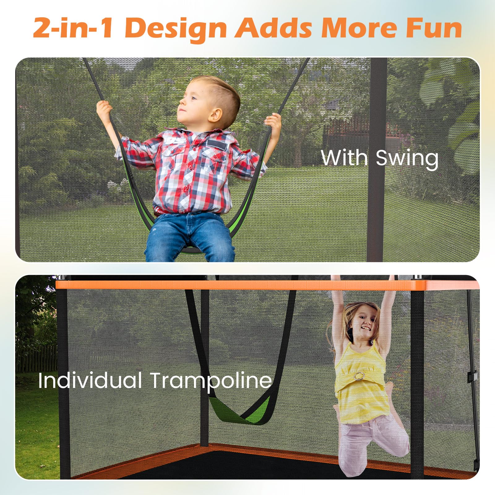 Goplus 6FT Kids Trampoline with Swing, ASTM Approved Rectangle Recreational Trampoline w/Enclosure Safety Net - Image 2