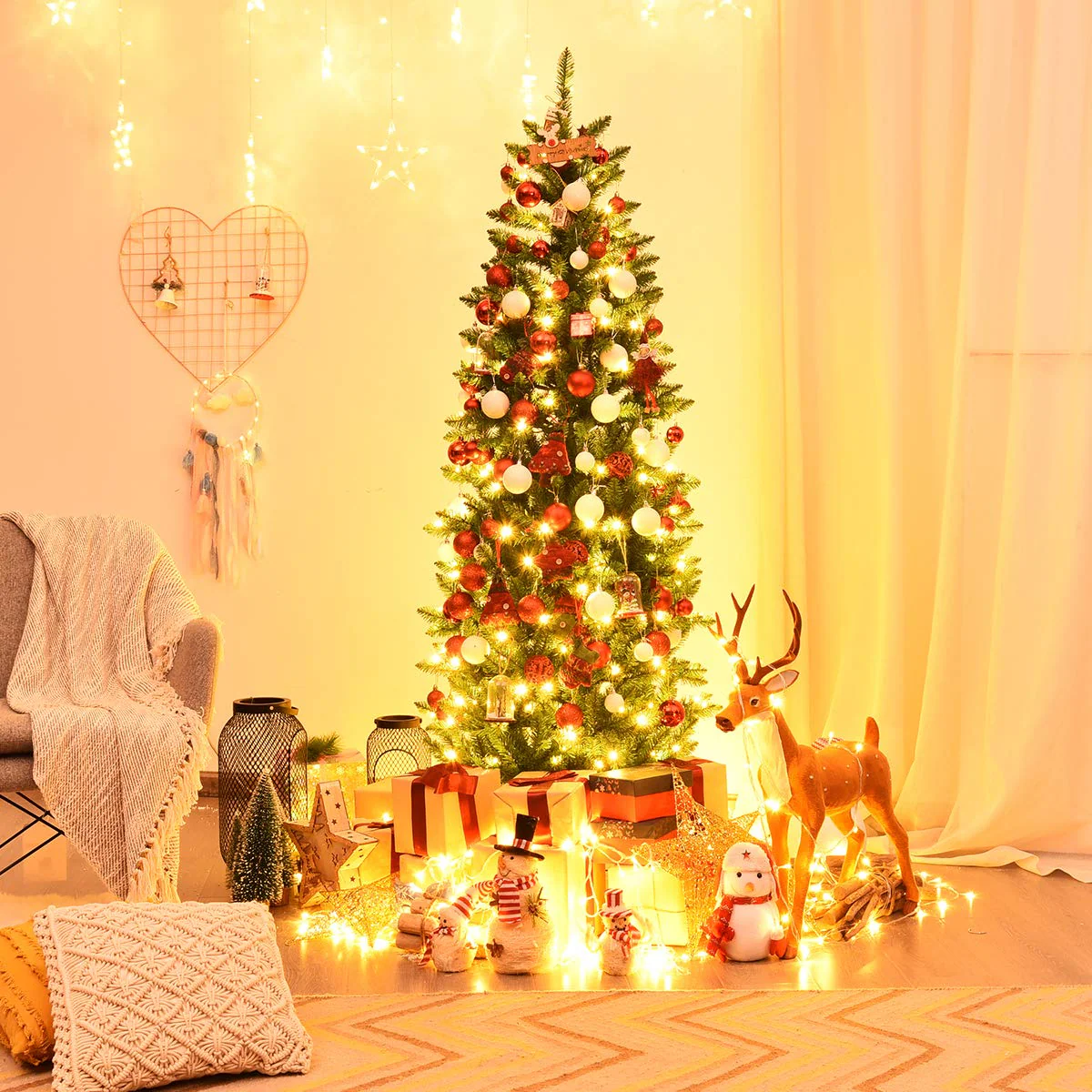 Goplus 6ft Pre-lit Artificial Christmas Tree, Hinged Fir Pencil Christmas Tree with 250 LED Lights - Image 2