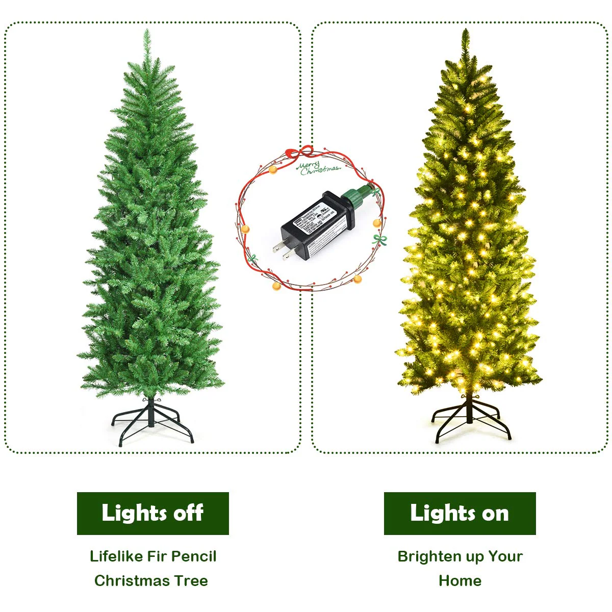 Goplus 6ft Pre-lit Artificial Christmas Tree, Hinged Fir Pencil Christmas Tree with 250 LED Lights - Image 3