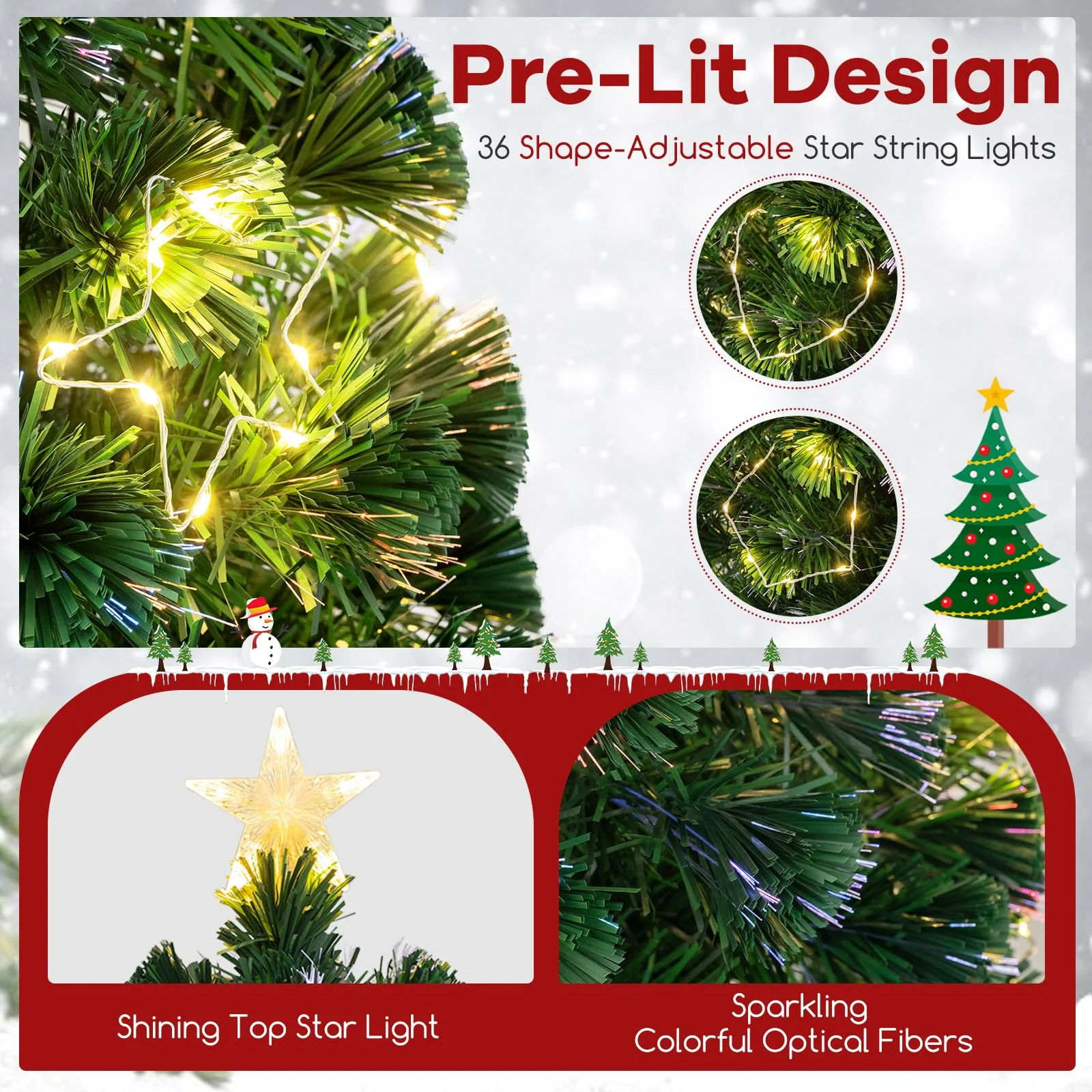 Goplus 6ft Pre-Lit Fiber Optic Christmas Tree, Top Star, 230 Branch Tips, Metal Stand, Office Home Decoration - Image 3