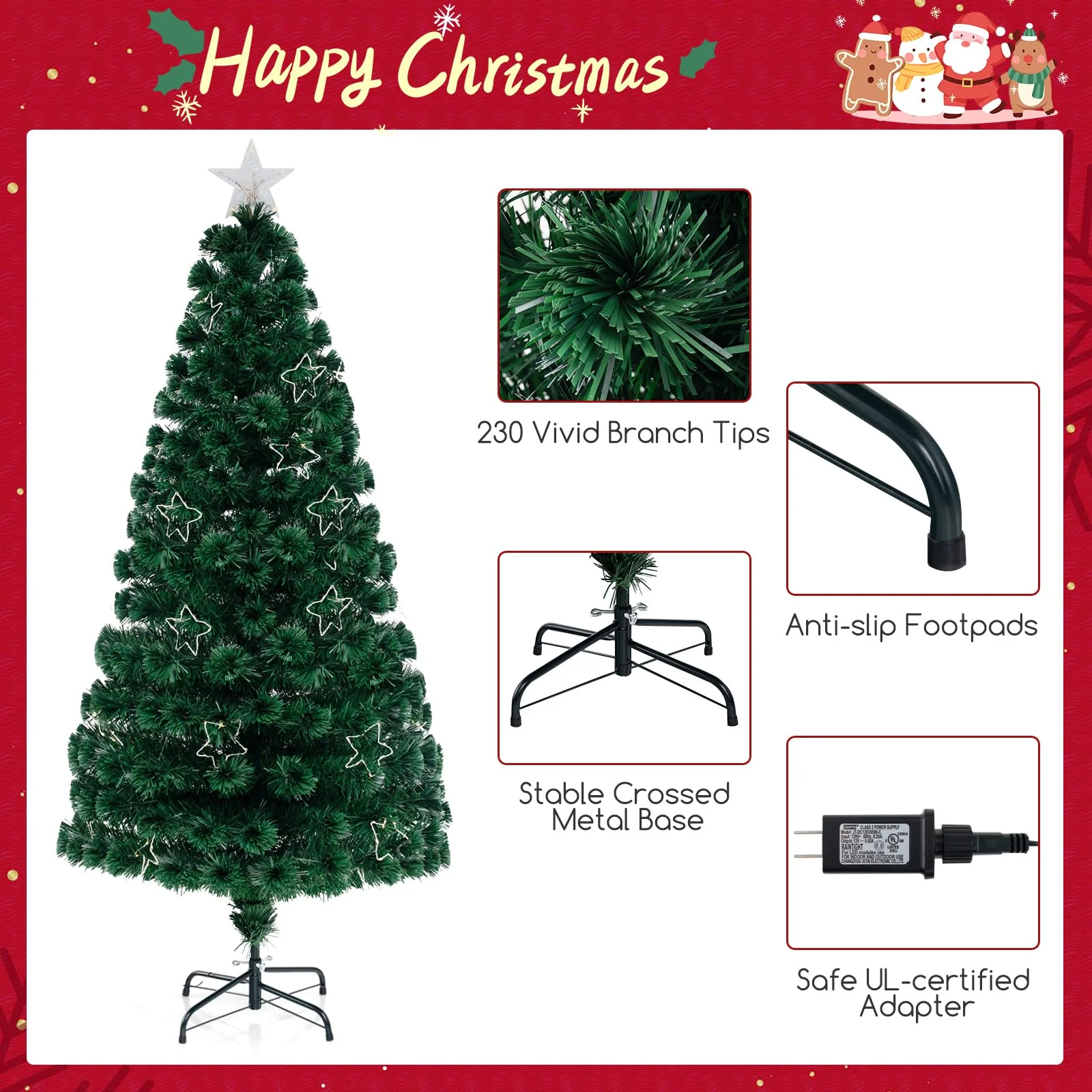 Goplus 6ft Pre-Lit Fiber Optic Christmas Tree, Top Star, 230 Branch Tips, Metal Stand, Office Home Decoration - Image 5