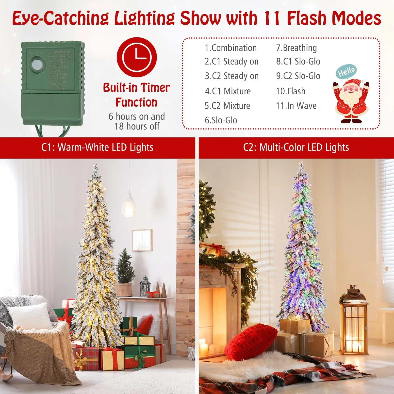 Goplus 6ft Pre-Lit Flocked Christmas Tree, Artificial Slim Pencil Xmas Tree with 250 LED Lights - Image 2