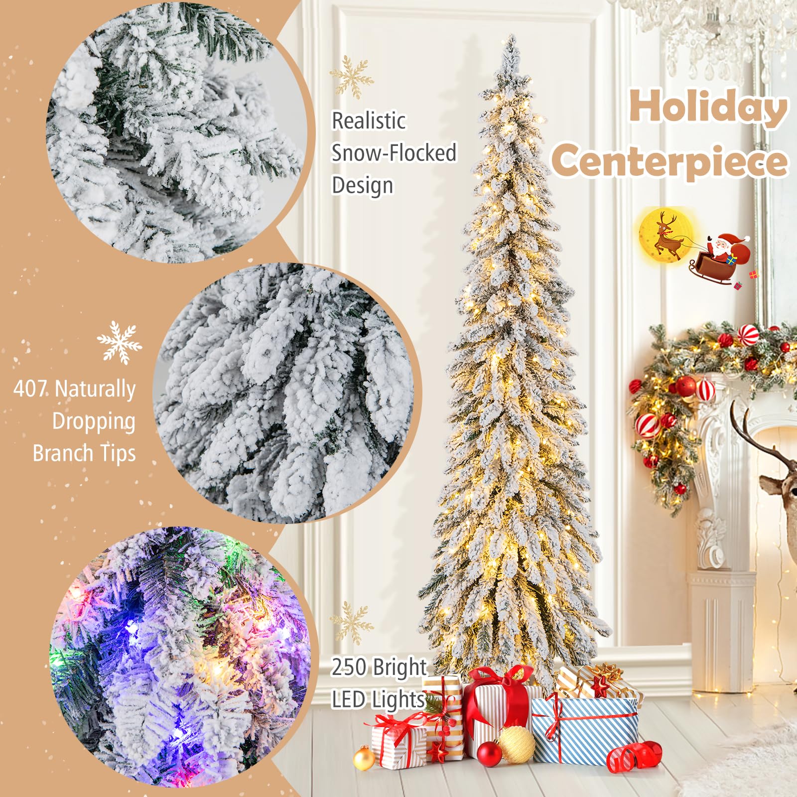 Goplus 6ft Pre-Lit Flocked Christmas Tree, Artificial Slim Pencil Xmas Tree with 250 LED Lights - Image 3