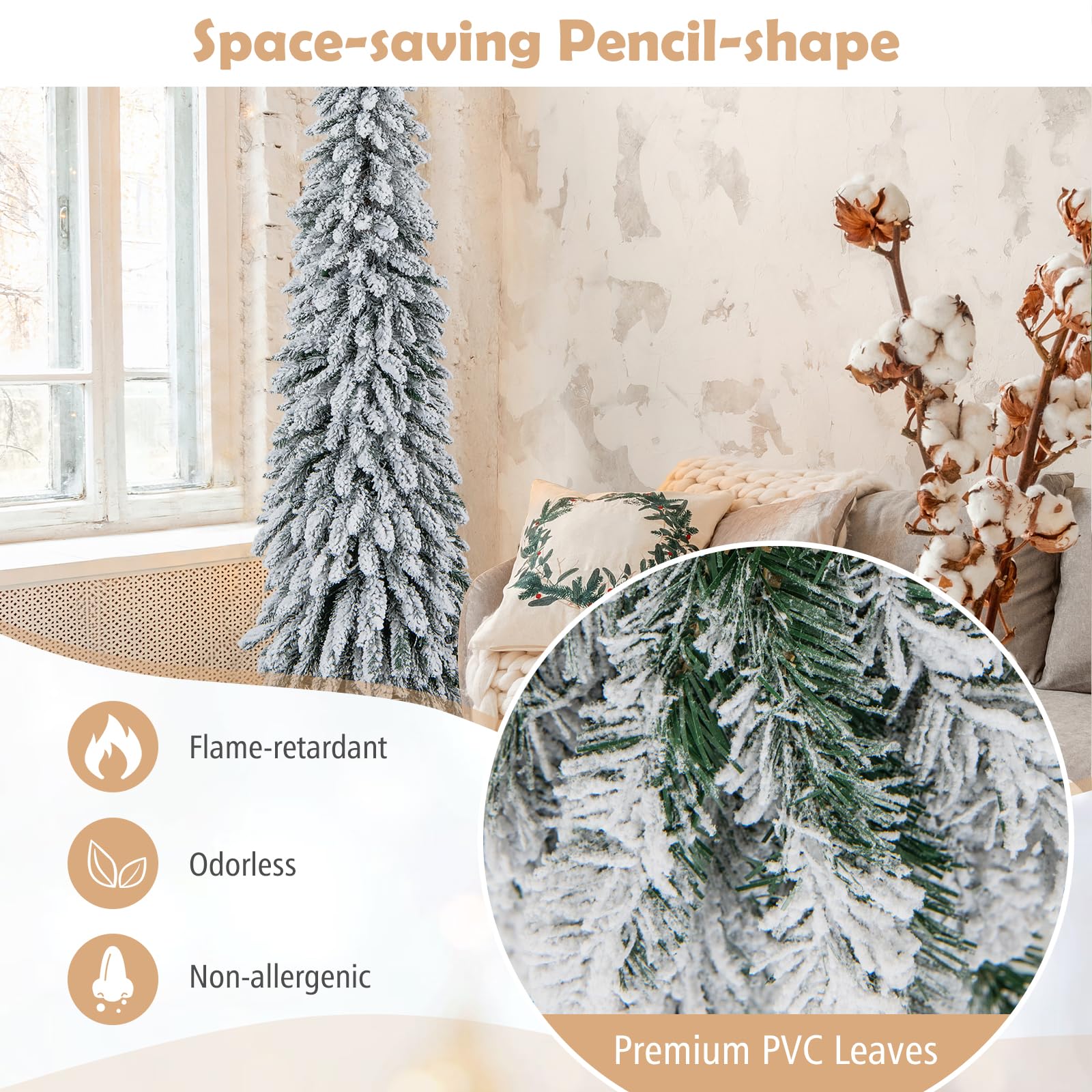 Goplus 6ft Pre-Lit Flocked Christmas Tree, Artificial Slim Pencil Xmas Tree with 250 LED Lights - Image 4